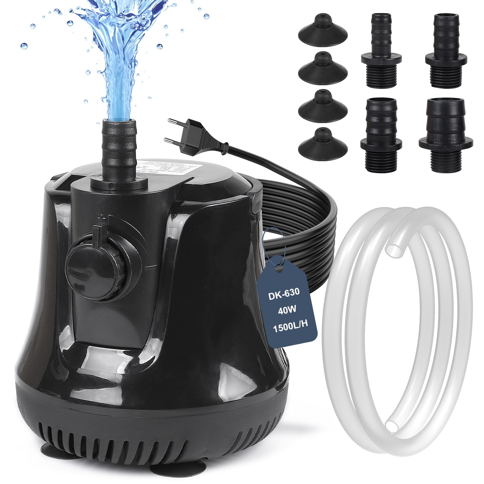 EFUTURETIME Pompe à Eau Submersible 40W 1500 L/H, Pompe d'aquarium Silencieux Pompe de Fontaine avec Interrupteur Réglable 4 Buses 1,6M Tuyau Flexible, Haut Débit Pompe pour Bassin, Étangs, Jardin