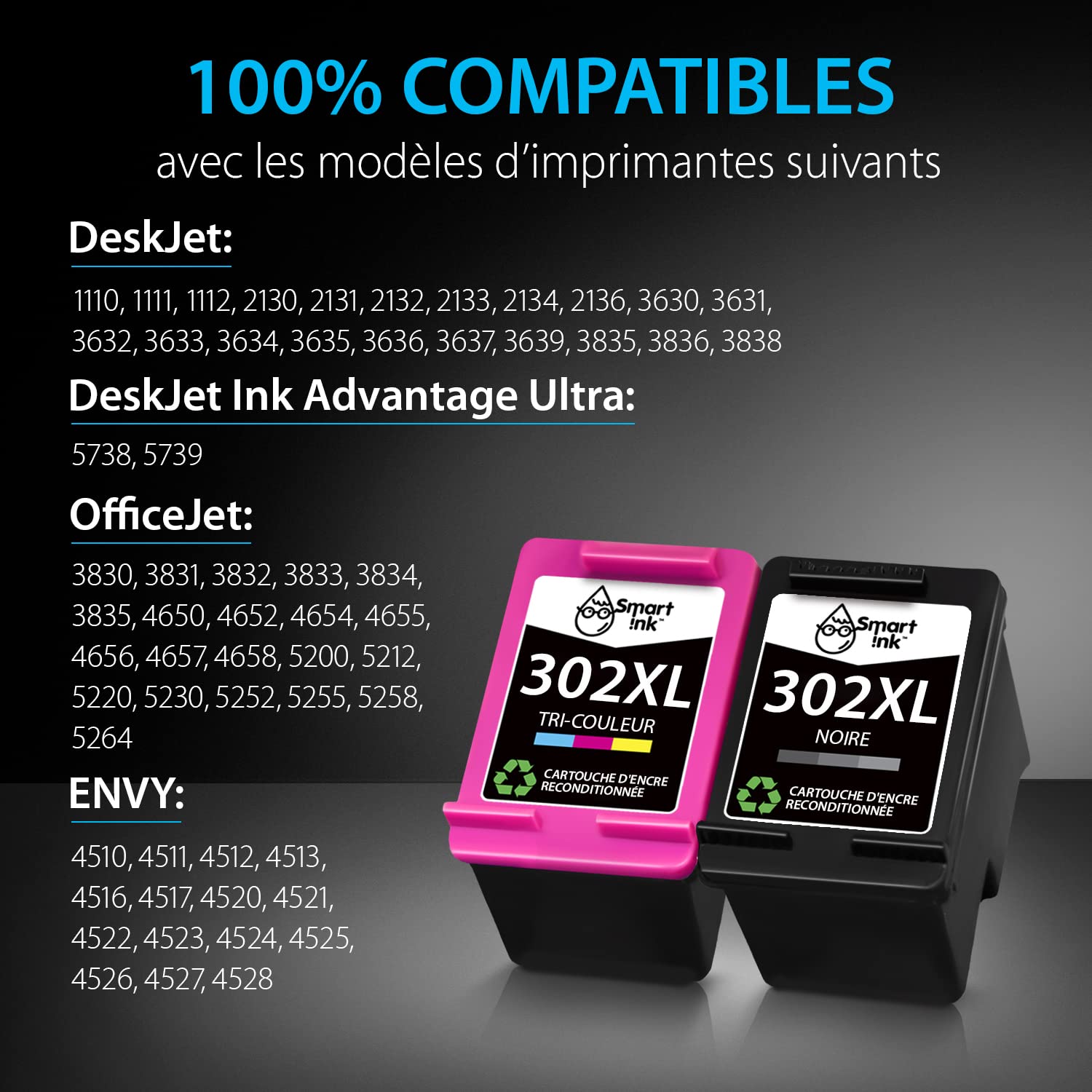 Image secondaire de Smart Ink Remanufacturées Cartouches d'encre Remplacement pour HP 302 302XL 2 Pack Combo (Noir Tri-Colore) pour Deskjet 1110 111