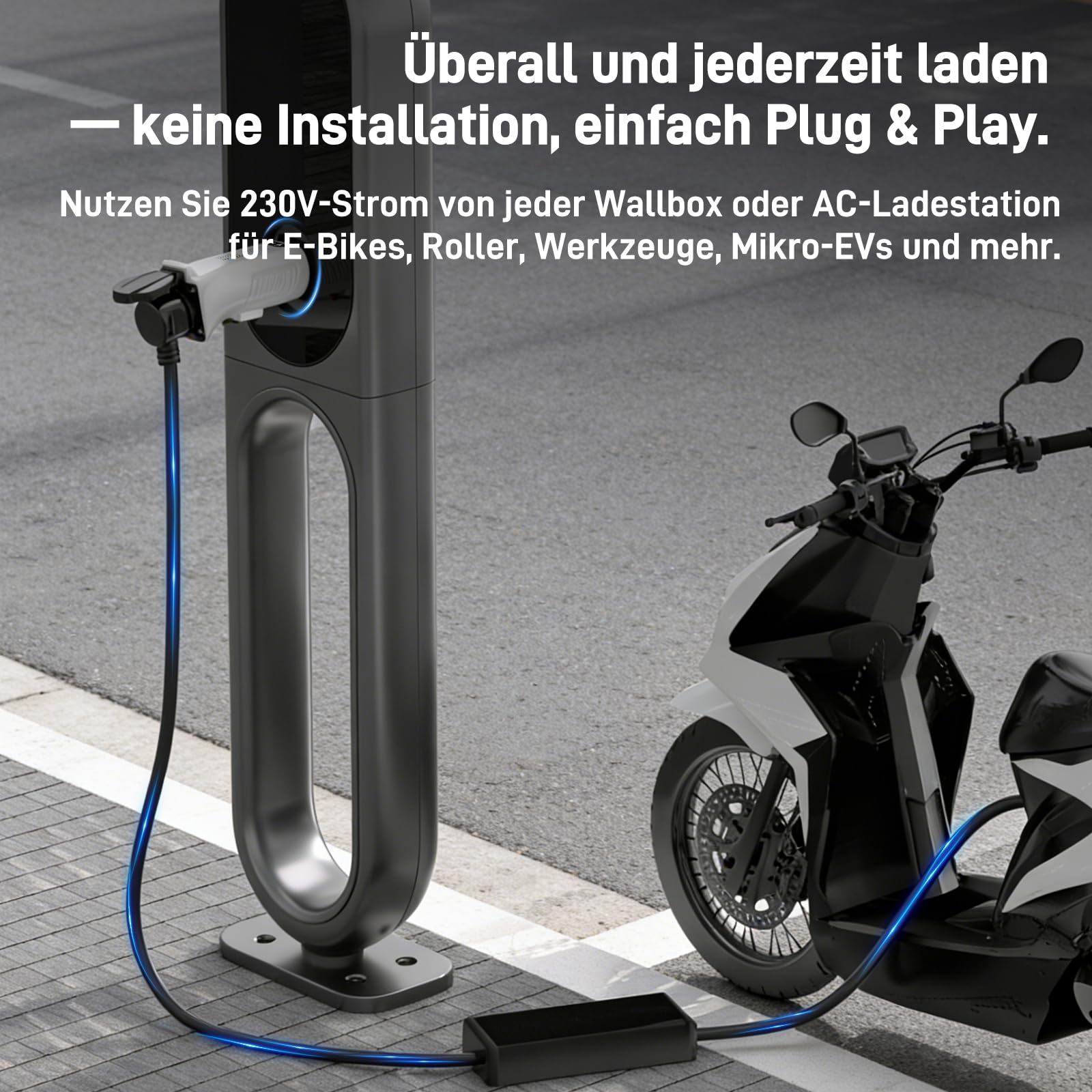 Typ 2 auf Schuko Adapter für Ladestation & Wallbox (230 V, 16 A, 3,68 kW, IP44) | Typ 2 Stecker auf Schuko-Steckdose für E-Bike, E-Scooter, Motorrad & Elektrorollstuhl (Nicht für V2L)