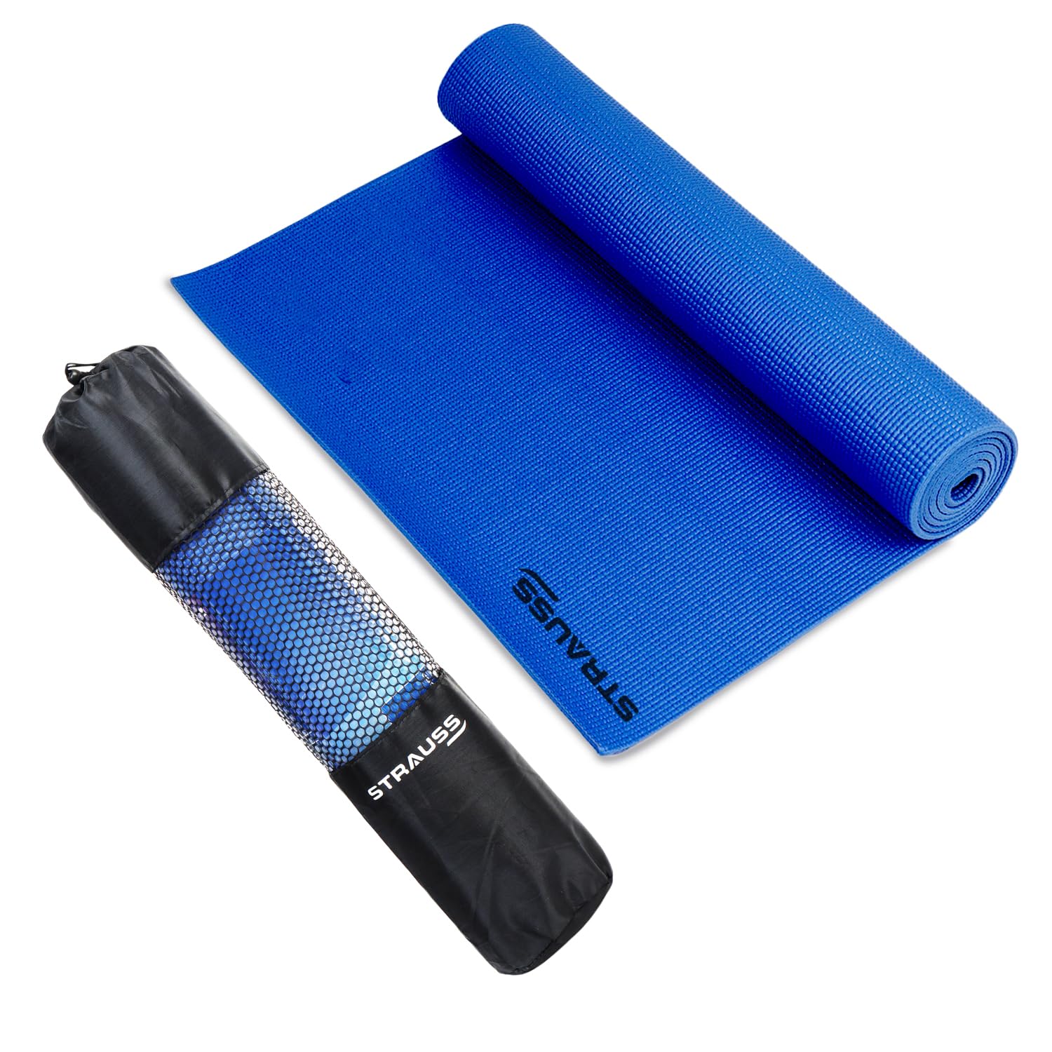 STRAUSS Yoga Mat with Carry Bag | Anti-Slip Exercise Mat for Women & Men | Home Gym Workout, Yoga, Pilates | Eco-friendly | Non-Slip Surface | Lightweight & Durable | 6mm (Blue)
