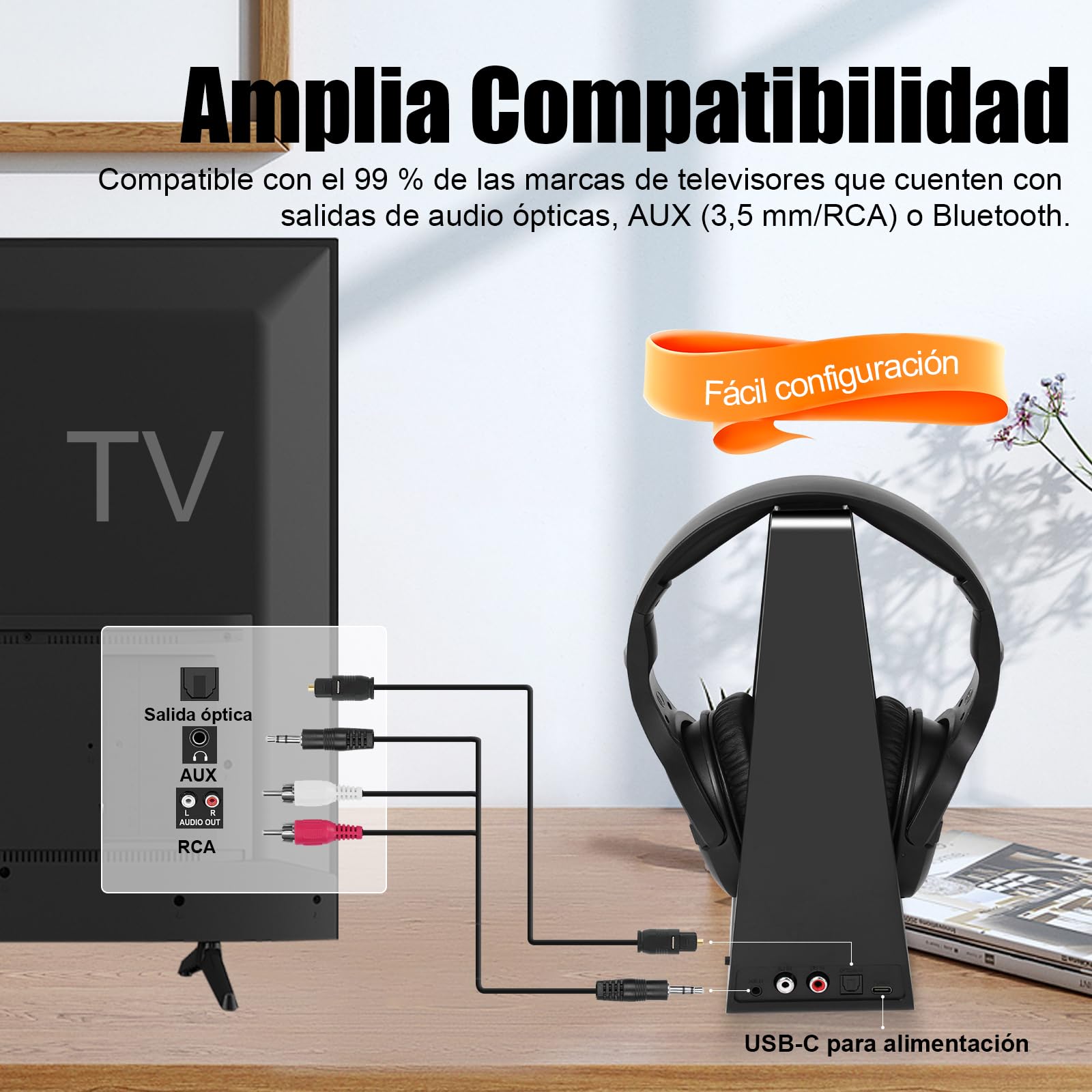 Auriculares Inalámbricos para TV con Base Transmisora de Carga, Auriculares Inalámbricos para ver la TV, Botones Grandes y Amplificación de Sonido para Personas Mayores, Auriculares Ligeros y Cómodos