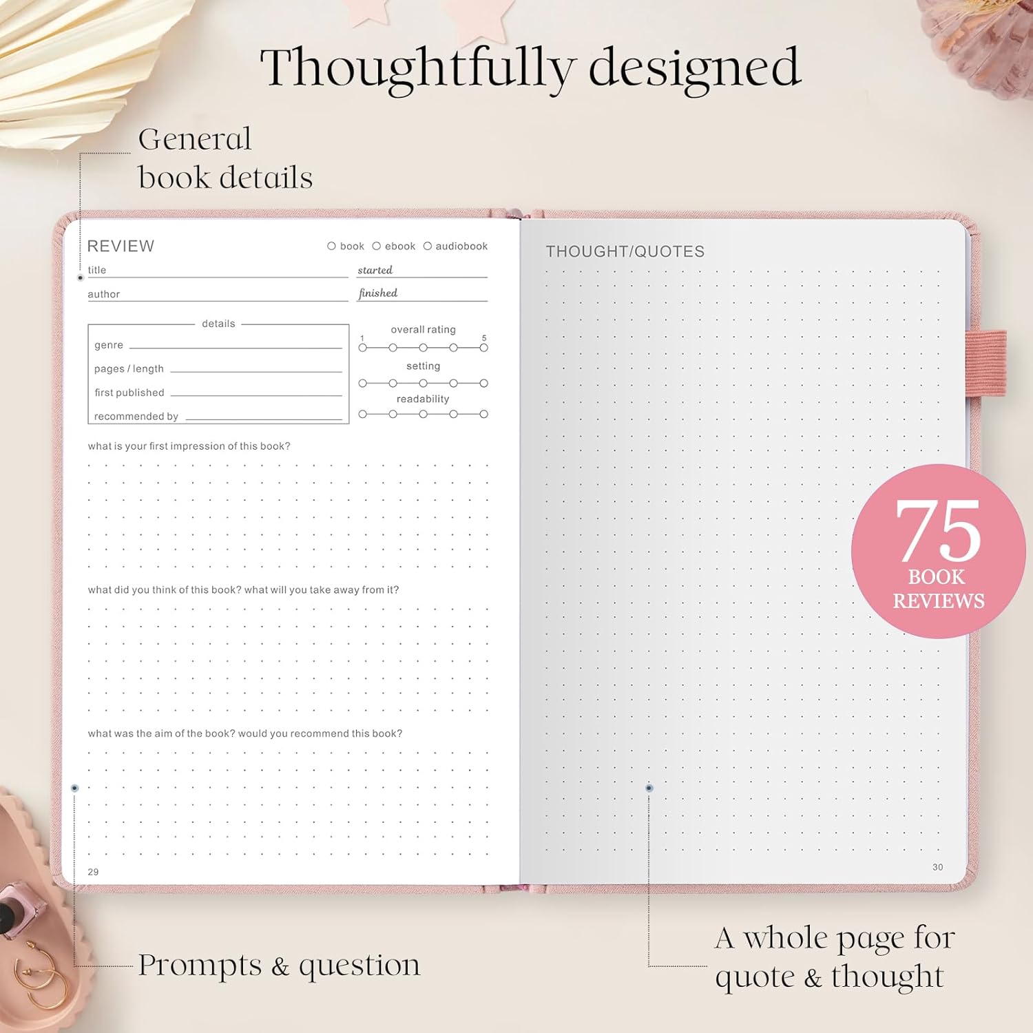Reading Journal with 75 Book Review, Book Journal for Book Lovers, Readers - Review Prompts & Daily and Monthly Reading Tracking & Reading Challenge, Reading Notebook Gift, A5, Pink - Image 3
