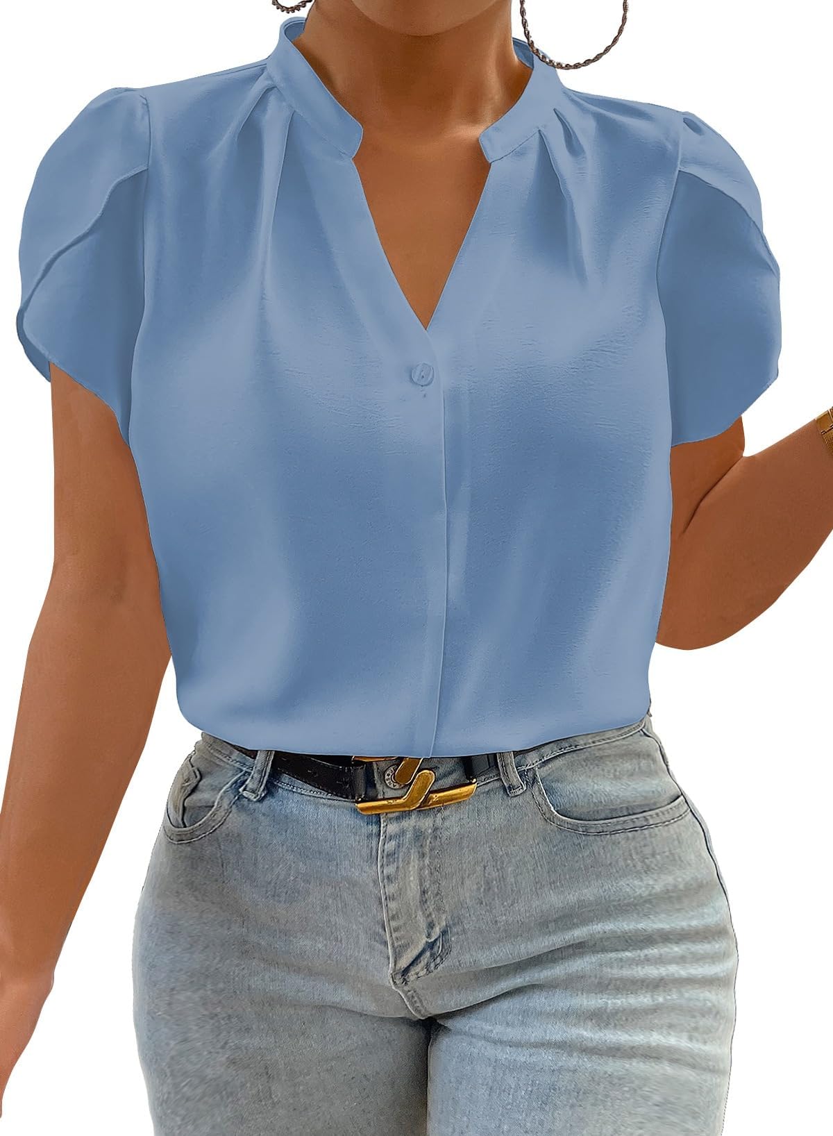 Eytino Women Plus Size Shirts Summer V Neck Petal Sleeve Business Work Dressy Blouse Tops(1X-5X)