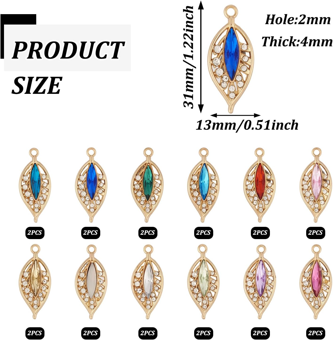 Faceted Crystal Rhinestone Charms Colorful Assorted Metal Dangle Pendants Gold Plated Cubic Zirconia Charms for DIY Crafts Jewelry Making - Image 2