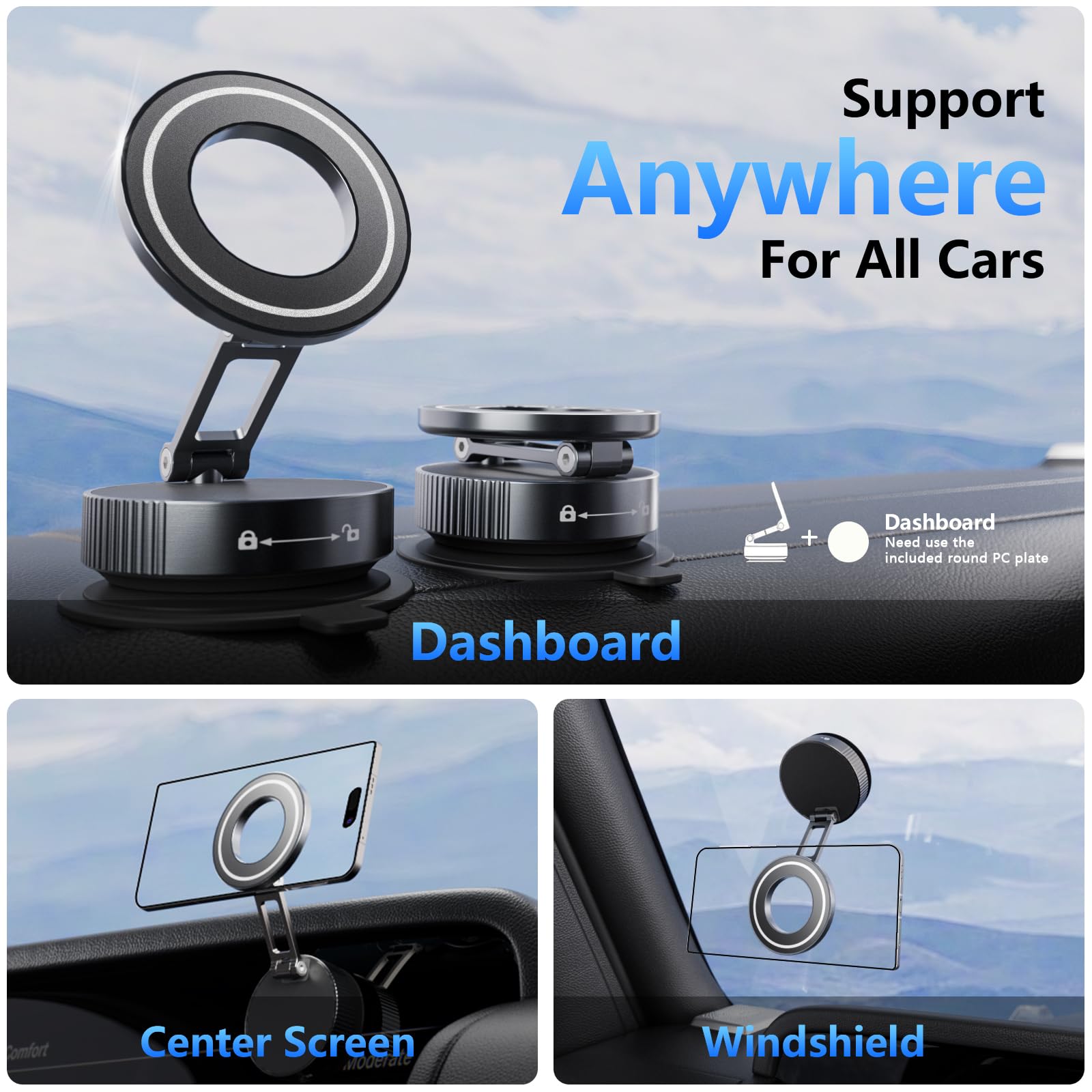 Soporte de teléfono con ventosa al vacío, soporte magnético ajustable de 360° para coche, [89 libras de succión más fuerte y magnético de 2800 gf] bloqueo giratorio para coche/gimnasio/espejo