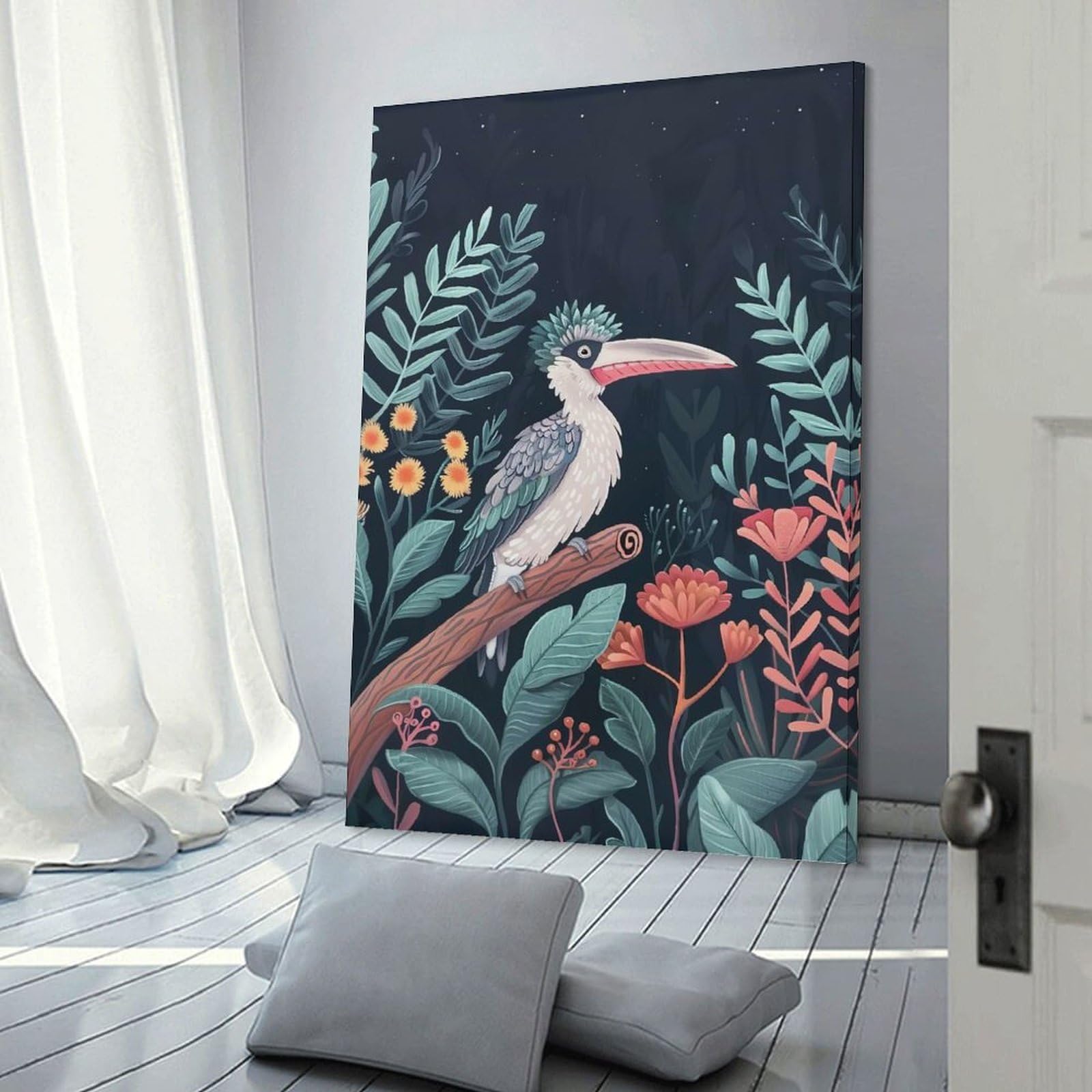 Junmoney Frame-Style-8 Bird In Lush Nighttime Forest Canvas Wall Decor, 12X18inch(30X45cm), For Wall Displays, Bedrooms Or Room Updates, Wall Decor Suited To Curated Displays