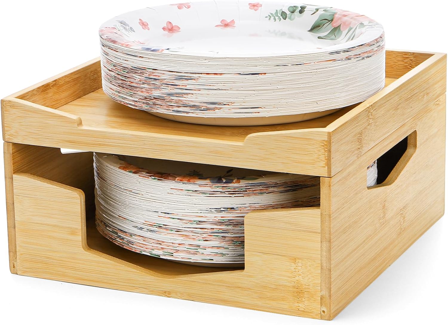 Yarlung Bamboo Paper Plate Dispenser Holder for 8-10 inch Plates and Air Fryer Liners, Portable Stackable Disposable Plates Organizer for Kitchen Cabinet and Countertop Storage