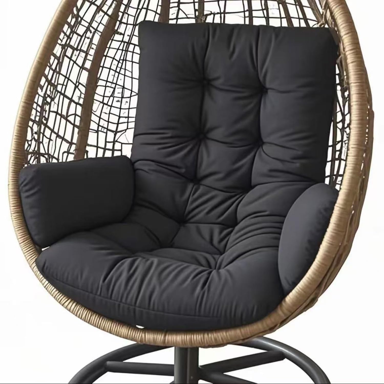 Genérico Cojín para Silla Colgante 10 cm con Lazos, Cojín para Sillón Huevo Resistente al Agua para Interior Exterior, Asiento Acolchado para Balcón, Jardín y Terraza Relax,Negro