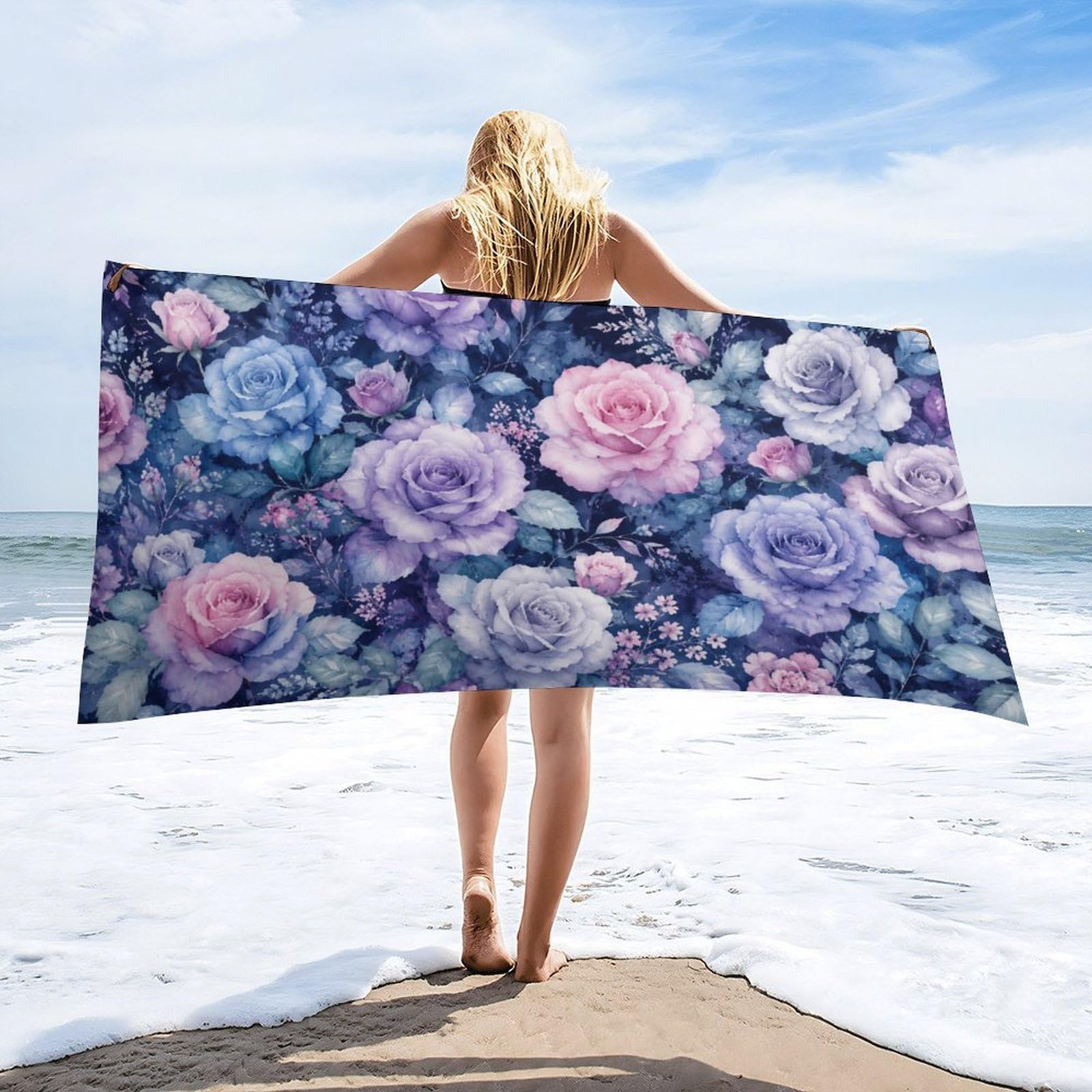 Anceky Floral Rose Beach Towel 32"×63",Soft Microfiber Bath Towel Shawl, Quick Dry Absorbent Pool Spa Gym Shower Towel