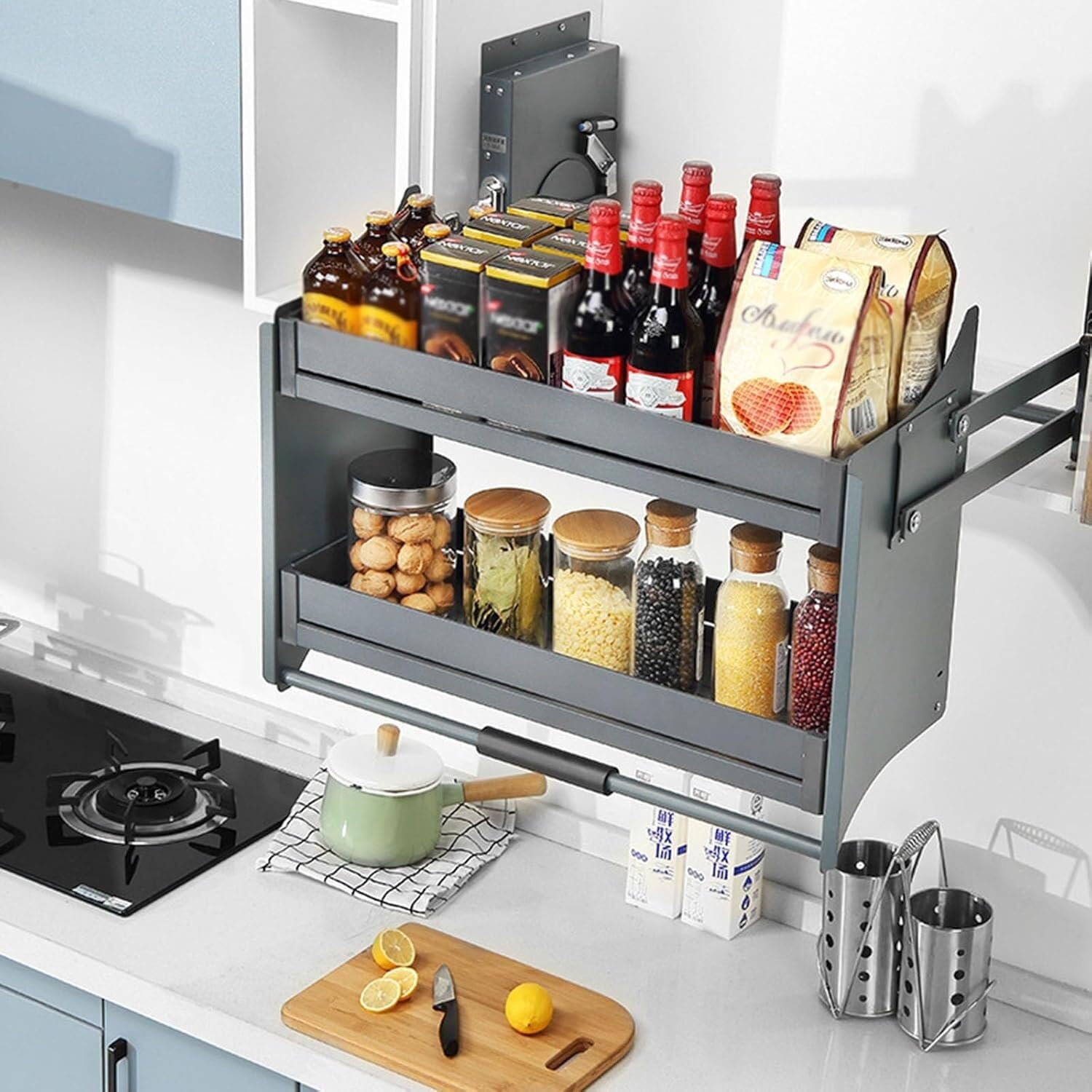 OLSKFUH Kitchen Wall Cabinet Organiser Hanging Cabinet 2 Tier Adjustable Spice & Dish Pull Out Cabinet Organiser 4-Position & 3-Position Buffer,W70cm