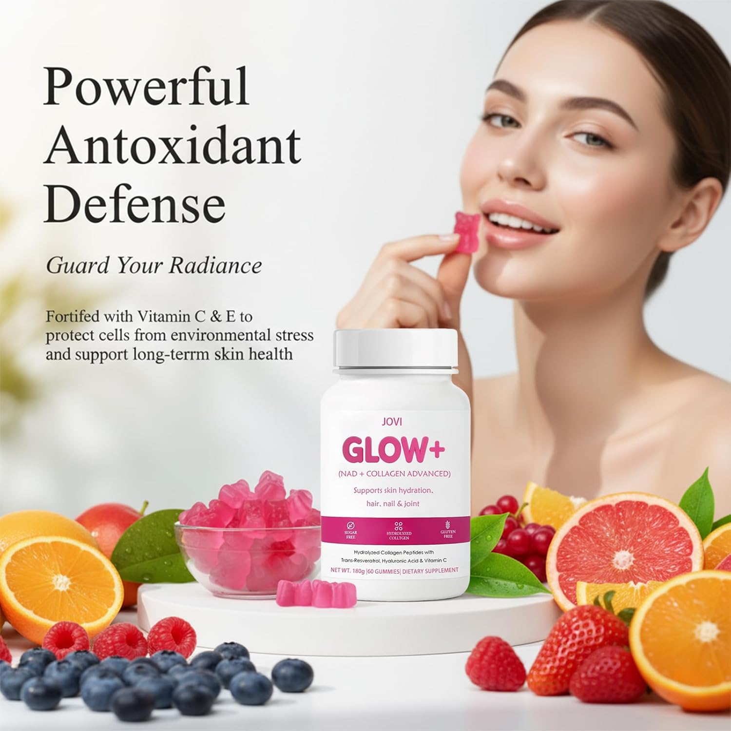Jovi Nutrition Glow+ NAD+ & Collagen Gummies,Multi-Type Hydrolyzed Collagen Peptides with Resveratrol, Hyaluronic Acid, Vitamin C & E, Skin, Hair & Nail Nutritional Support