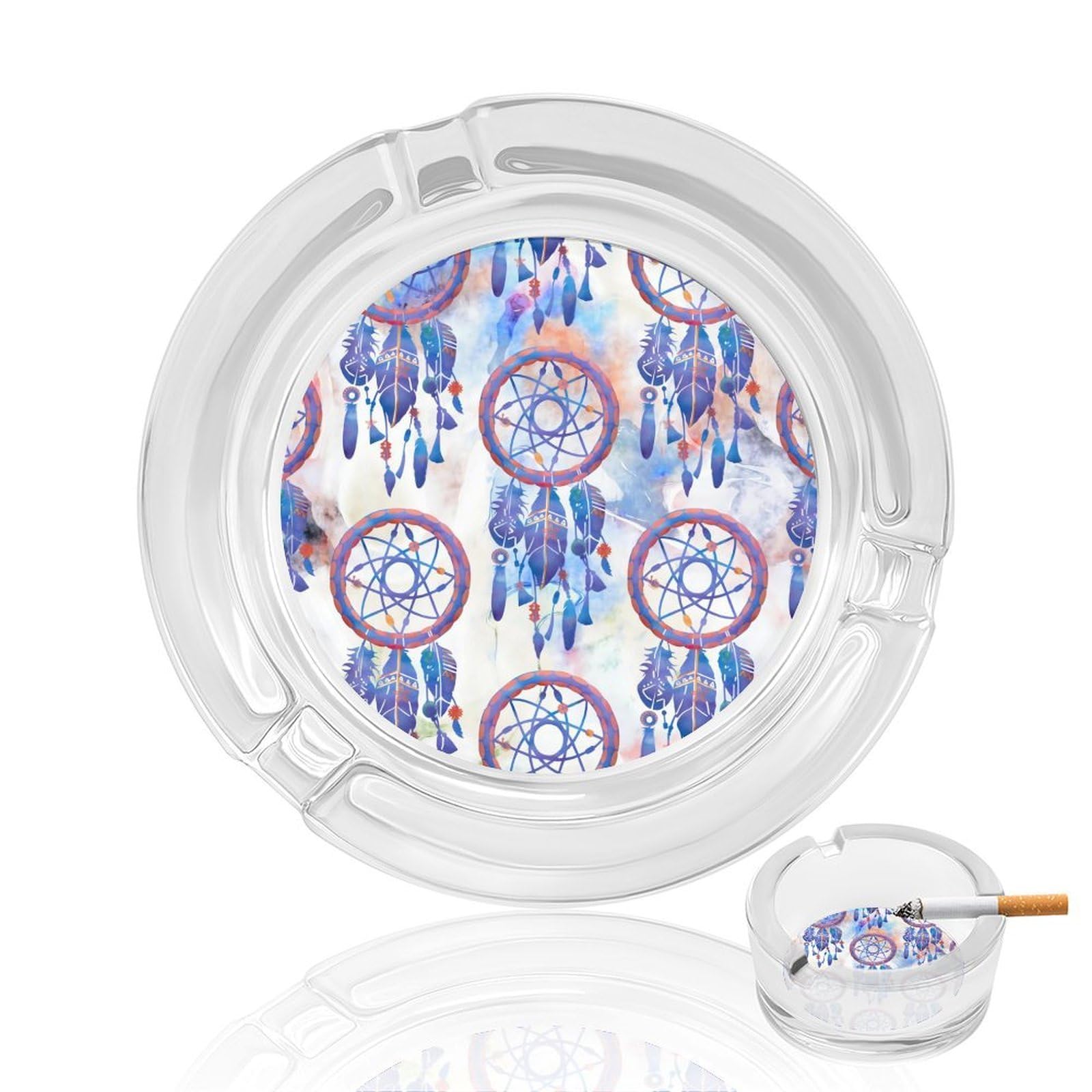 Blue Watercolor Dreamcatcher Modern Boho Glass Ashtray 3.3 Inch Round Cigarette Ash Holder with 4 Grooves for Home Office Outdoor One Size