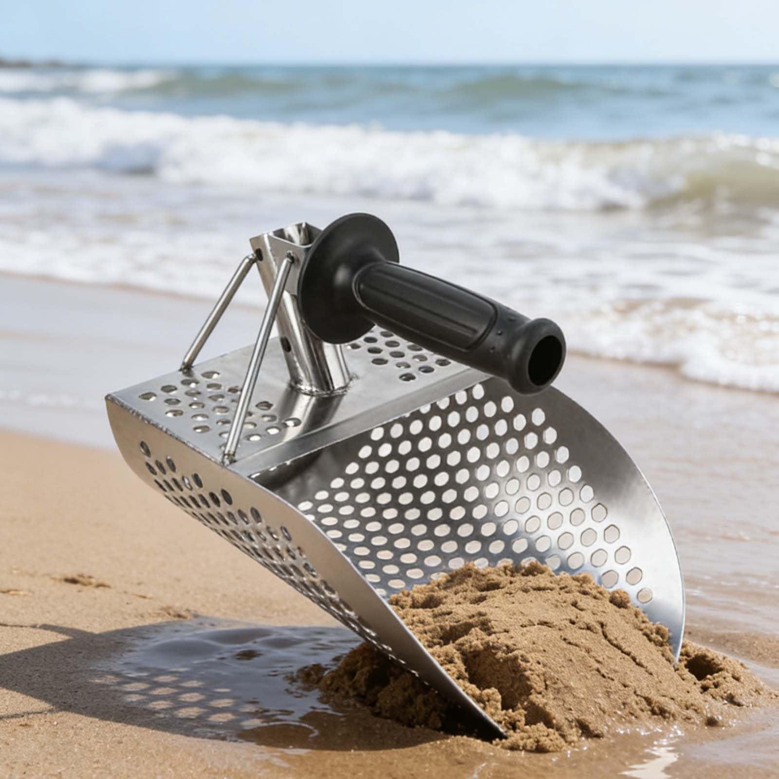 Łopatka do piasku do wykrywania metalu 304 ze stali nierdzewnej zdejmowana szufelka do poszukiwania skarbów z przesiewaczem, wytrzymała łopata do kopania na plaży, srebrna