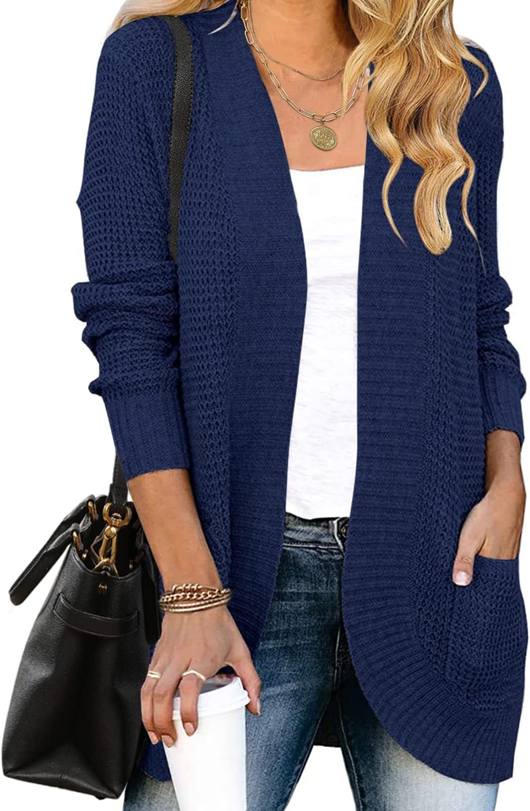 MEROKEETYWomens Long Sleeve Open Front Cardigans Chunky Knit Draped Sweaters Outwear