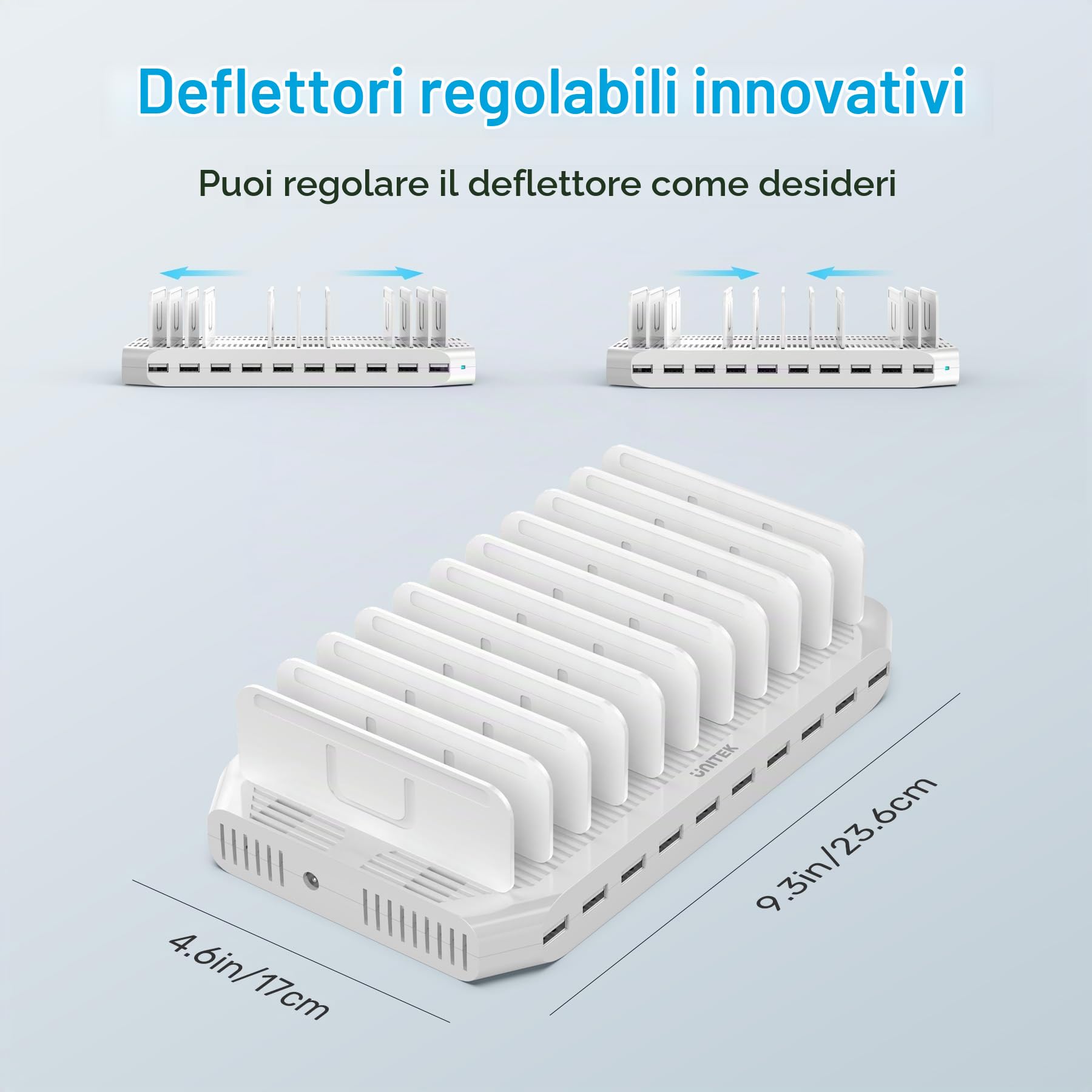 Unitek 60 W, stazione di ricarica USB a 10 porte, stazione di ricarica multipla con SmartIC Tech e compatibile con telefoni, tablet e altri dispositivi