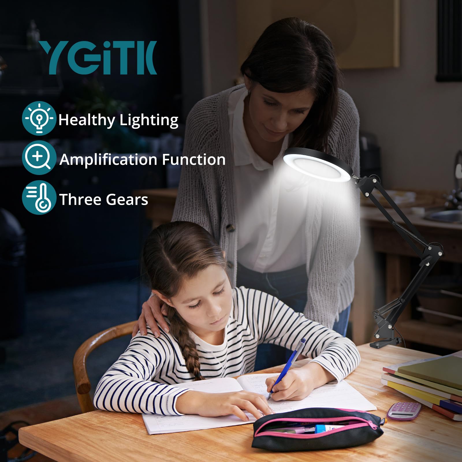 YGiTK Magnifying Glass with Light, Magnifying Desk Lamp, 3 Color Modes & 10 Brightness Dimmable - Image 2
