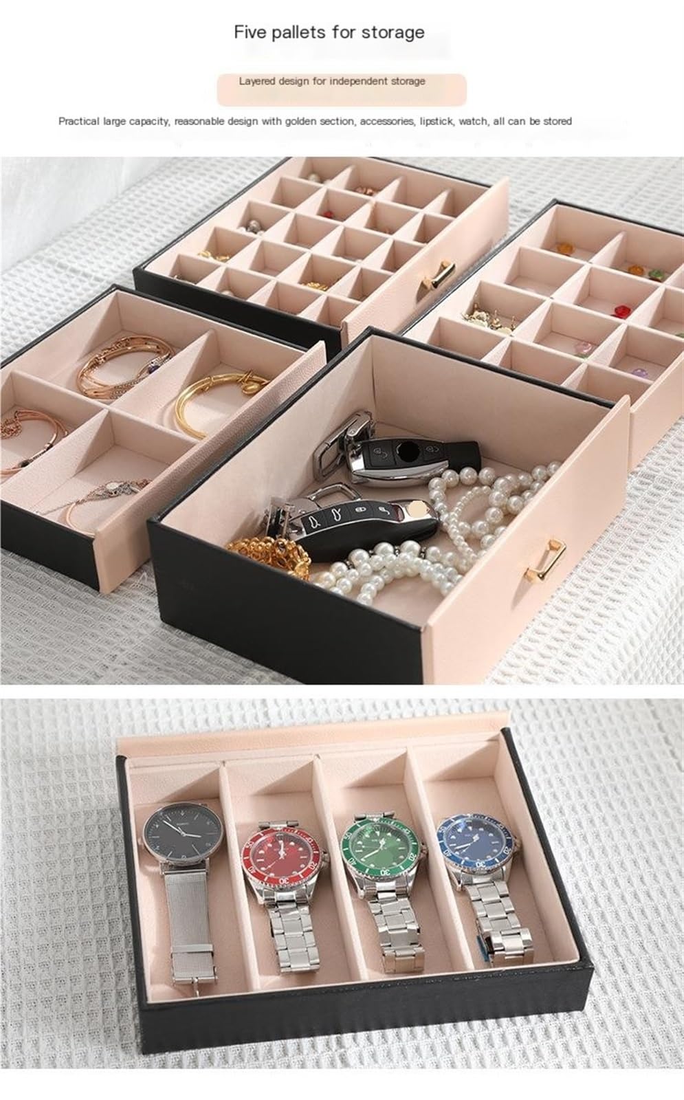 Pudełko na biżuterię Organizer biżuterii o dużej pojemności Pięć warstw Pu Leather Naszyjnik Pierścień Organizer biżuterii Szuflada Organizer biżuterii na pierścionki bransoletki kolczyki (Color : Ro