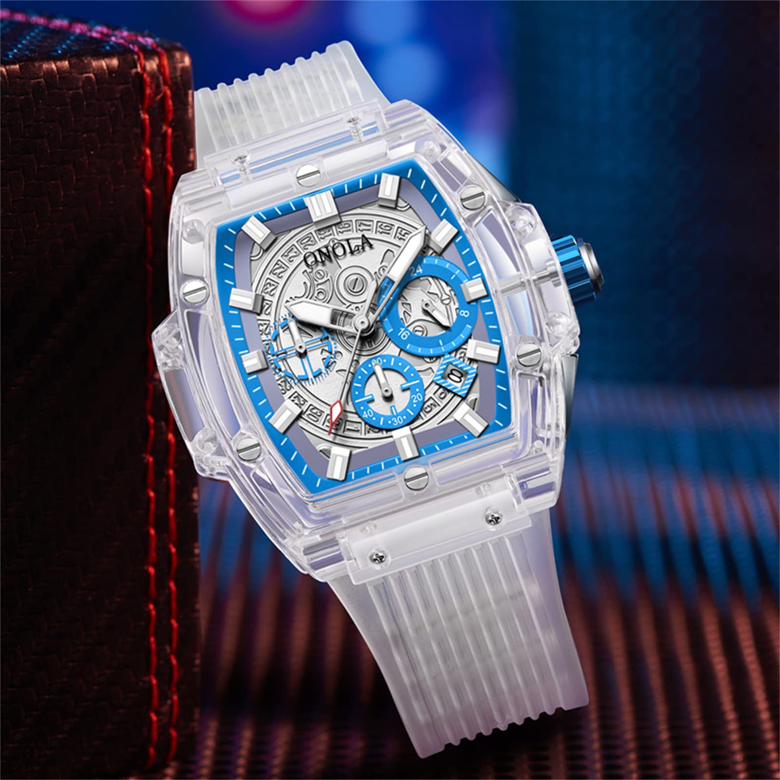 Relojes de cuarzo para hombre, cronógrafo analógico, esqueleto, rectángulo, esfera grande, reloj de moda para hombre, con correa de silicona, casual de negocios, Todo azul.