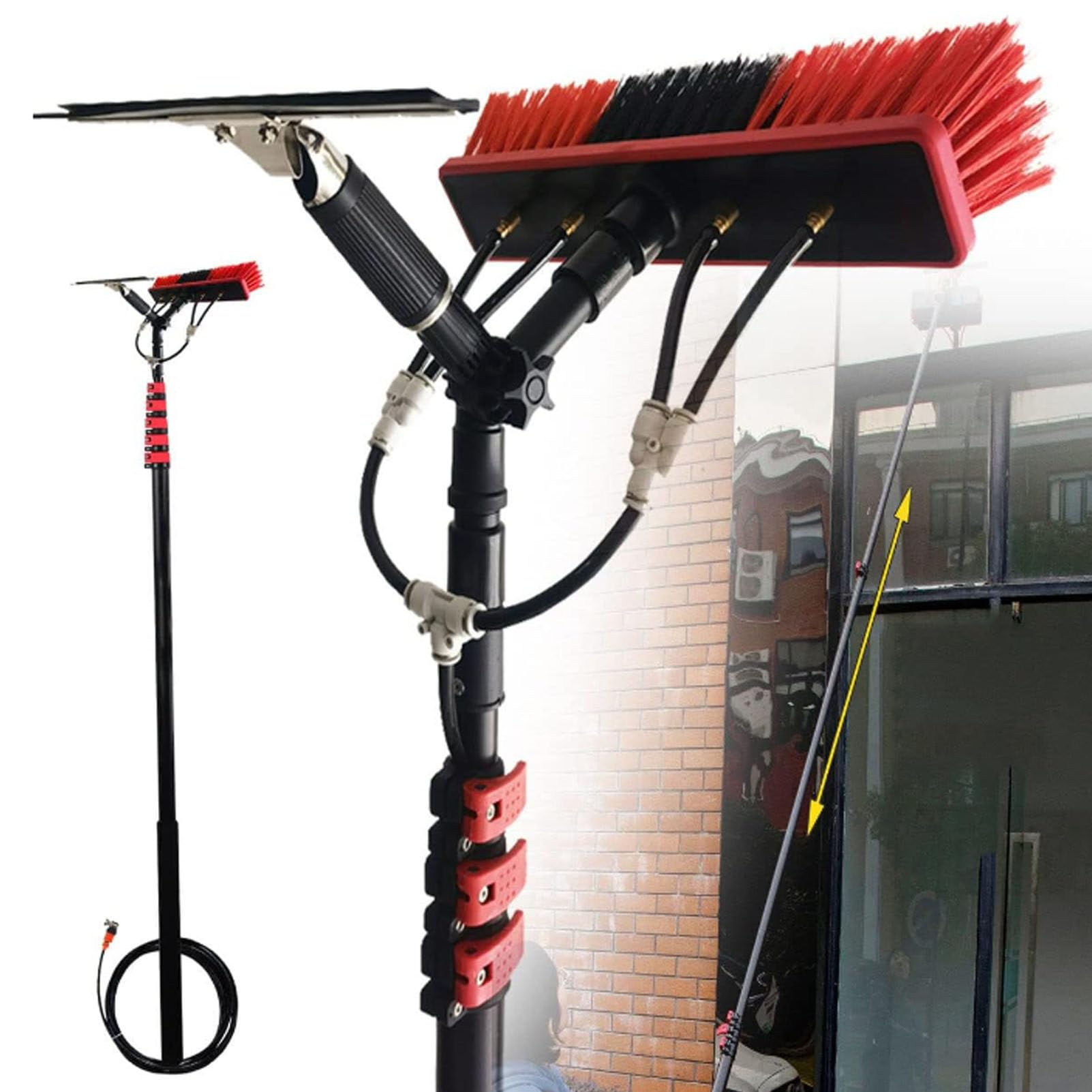 HYLYGFH Telescopic Water Fed Pole Brush, with Squeegee, Window Cleaning Brush Pole, Extendable Cleaner Conservatory Roof Cleaning Photovoltaic and Solar Panels,36FT/10.8M (24FT/