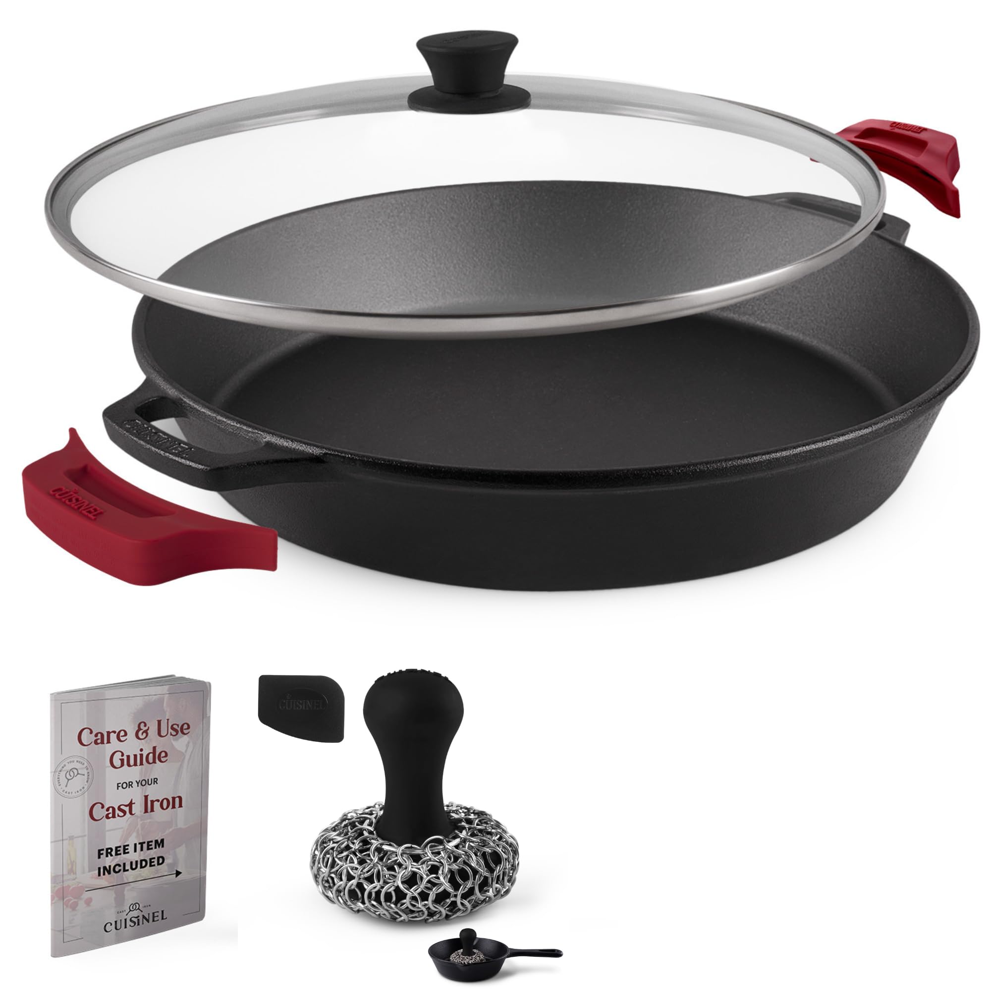 Cuisinel 15" Large Cast Iron Skillet + Glass Lid + Black Chainmail Scrubber - Dual Handle Braiser Frying Pan + Silicone Handle Covers - Pre-Seasoned Oven, Grill, Stovetop, Fire Indoor/Outdoor Cookware
