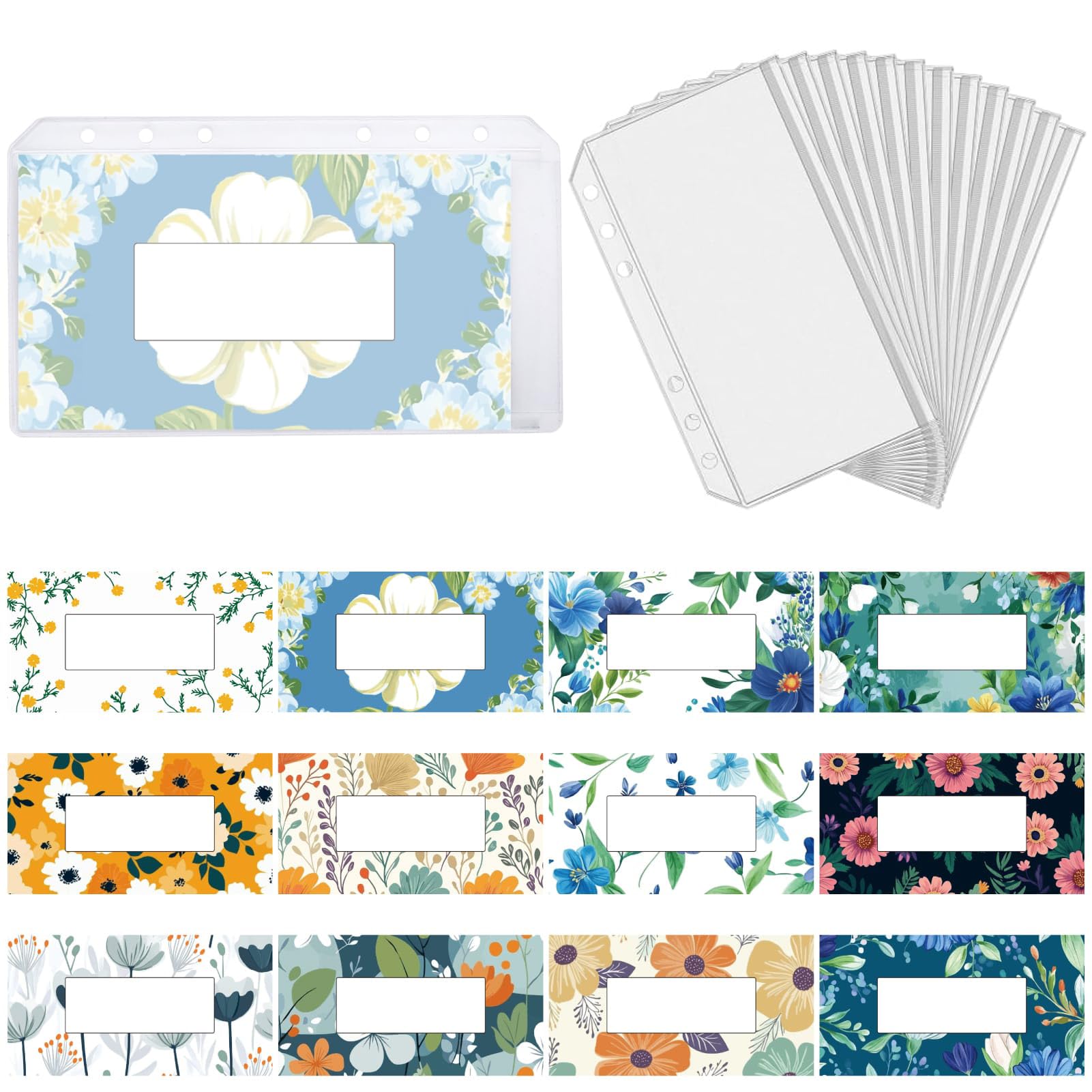 CRASPIRE 12Pcs Cash Envelopes Flower Themed Budget Binder Inserts with 6 Holes Zipper Binder Pockets Clear Waterproof PVC Cash Budget Envelopes Sleeve for Money Coupon Sticky Notes Files Organizer