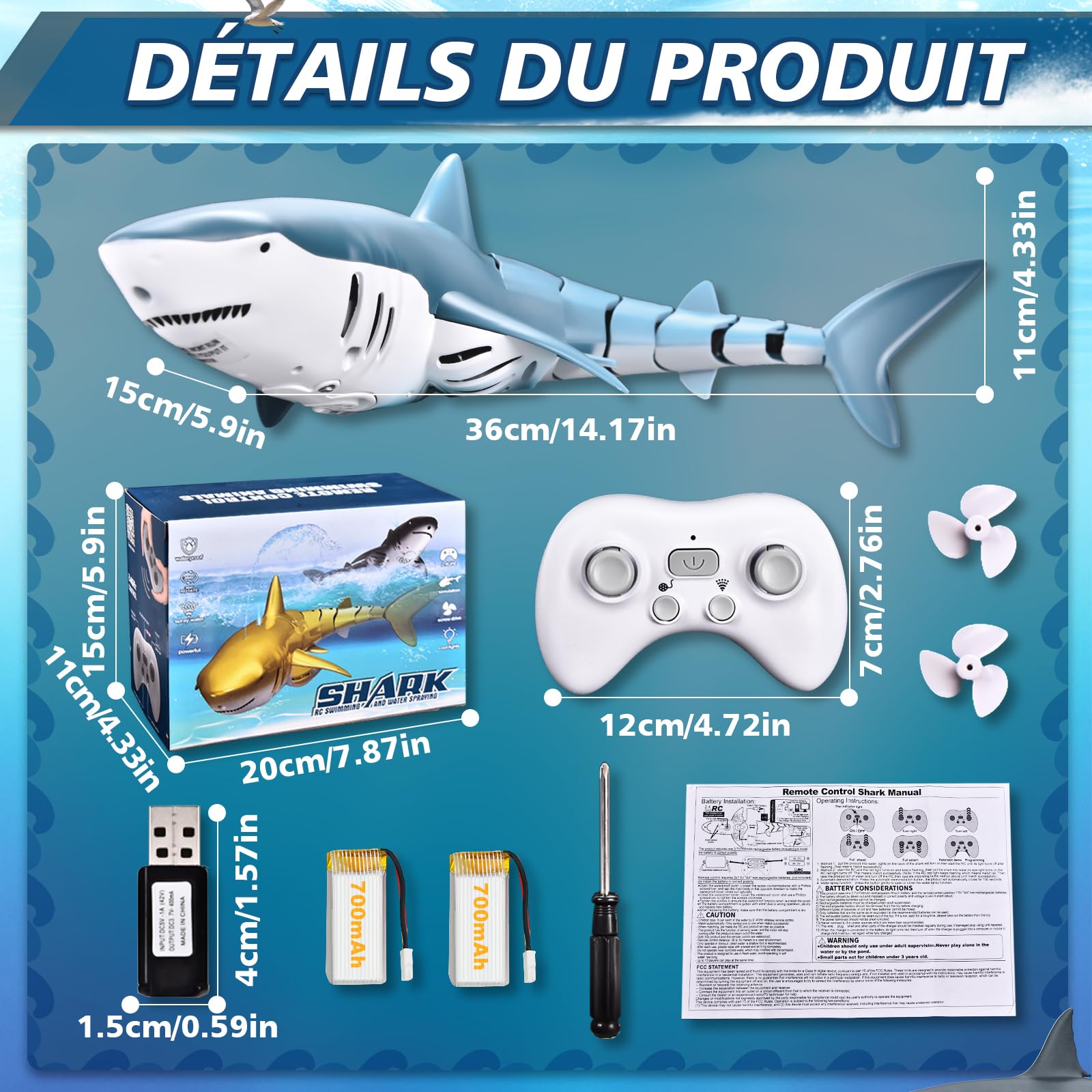 YOOHBERRYS Requin Telecommandé, 2.4 GHz Jouet Requin Télécommandé, Bateau Requin RC avec Lumières et Jets d'eau, Jouet Piscine Cadeau pour 6+ Ans Garçon Fille (Bleu)