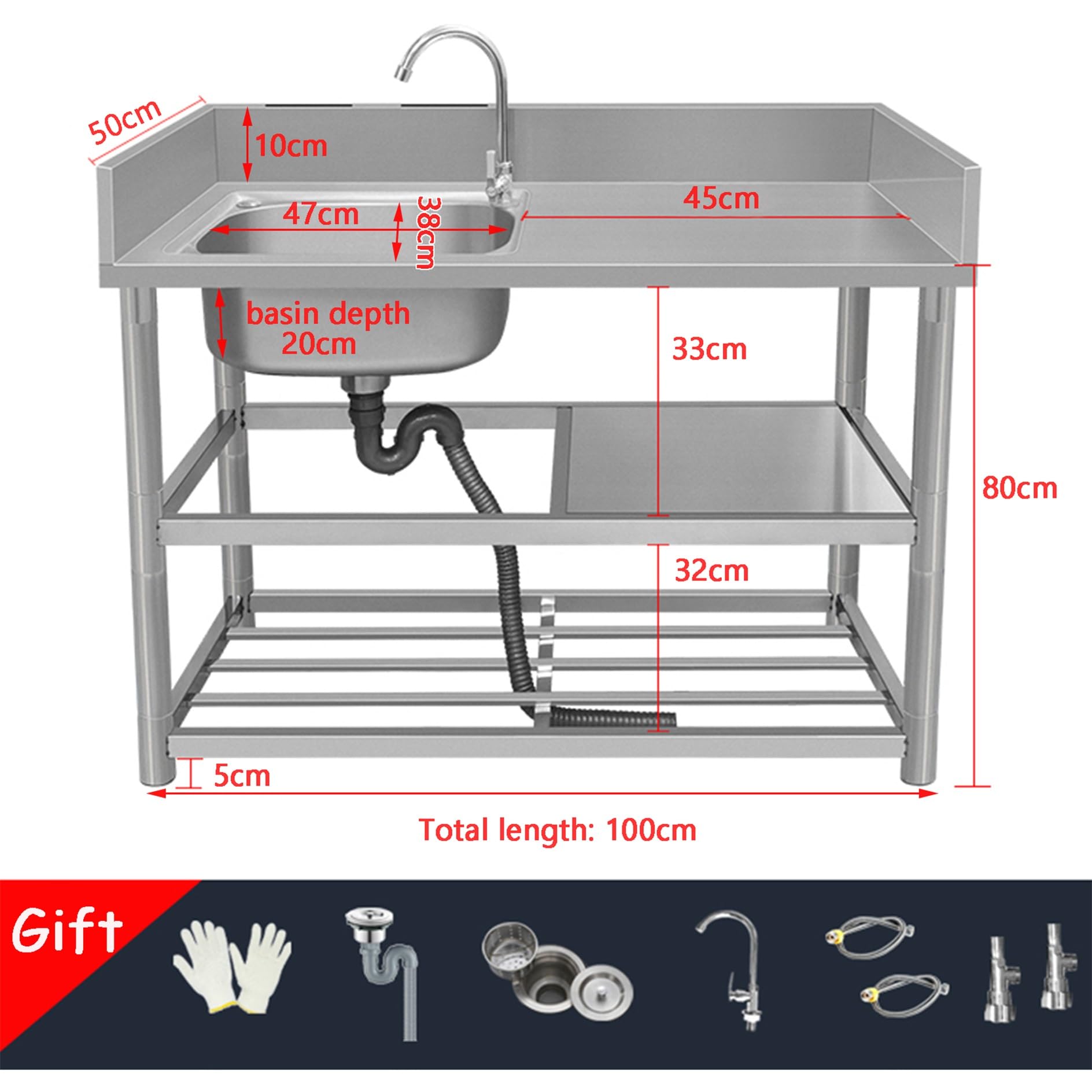 Edelstahl Spültisch Gastro 1 Becken Outdoor Spüle Küche Mobiles Waschbecken mit Armatur Freistehende Spülbecken Kitchen Sink Arbeitsplatte Ausgussbecken für Außen Werkstatt Pantryküche Camping Garten(