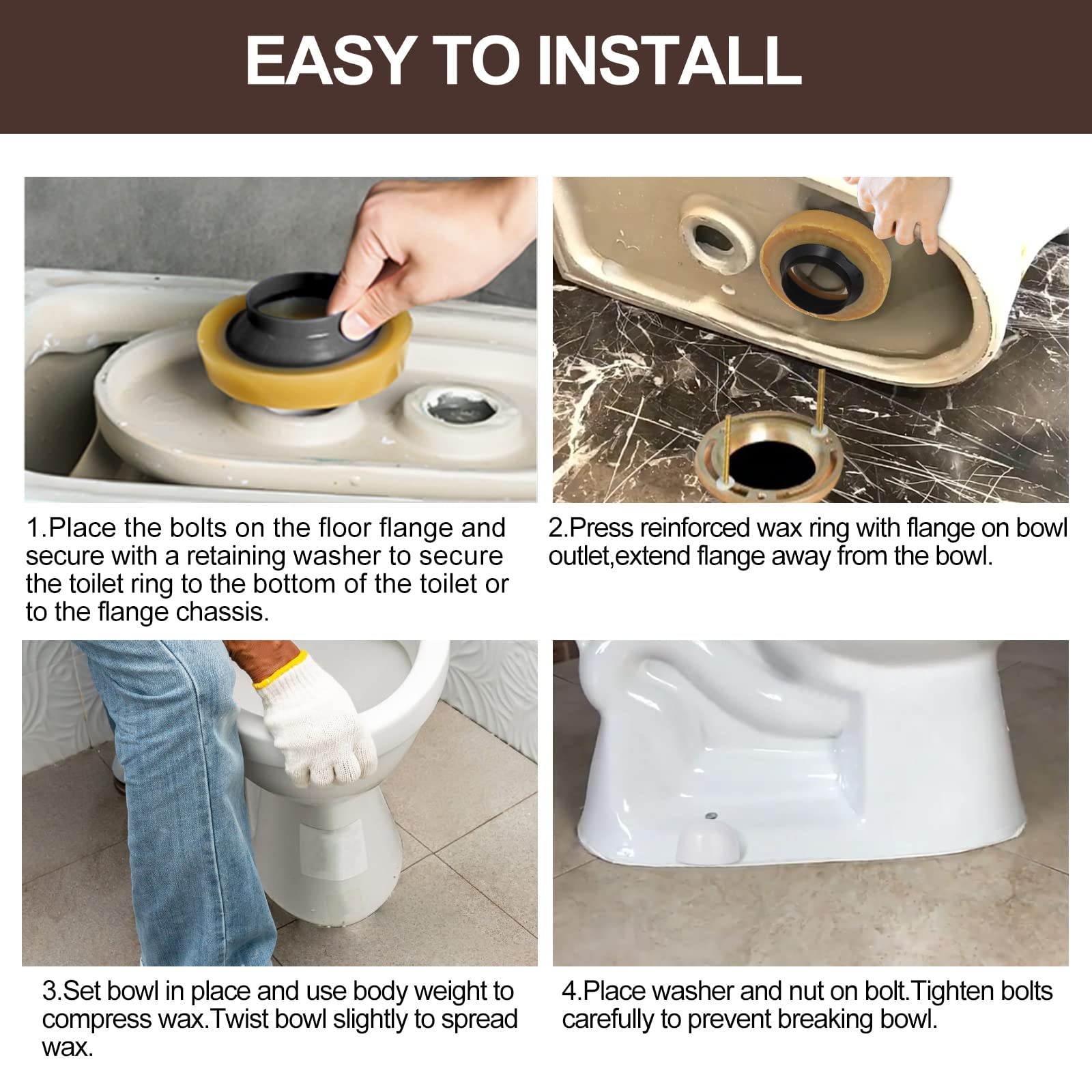 Toilet Wax Ring Replacement Kit – Thick Wax With Reinforced Urethane Core, Polyethylene Flange, Brass Bolts, Fits 3" Or 4" Drain Pipes