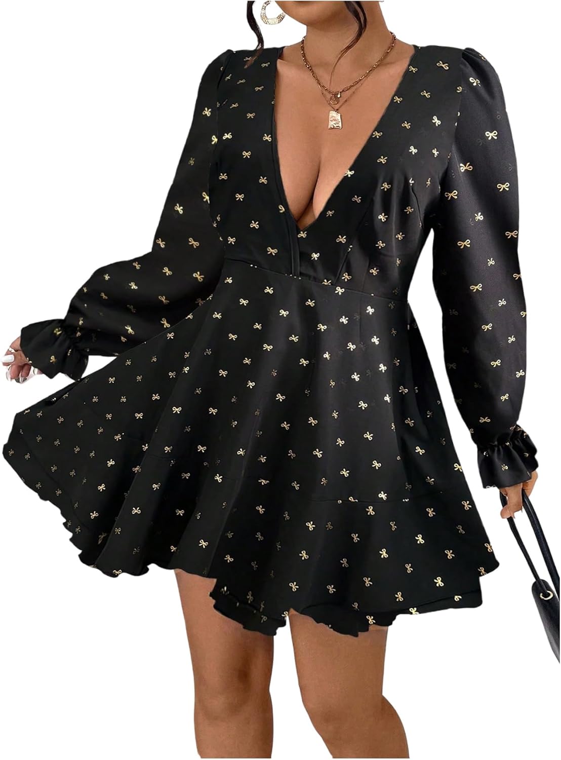 Floerns Women's Plus Size Cheetah Long Sleeve A Line Dresses V Neck Ruffle Hem Party Dress