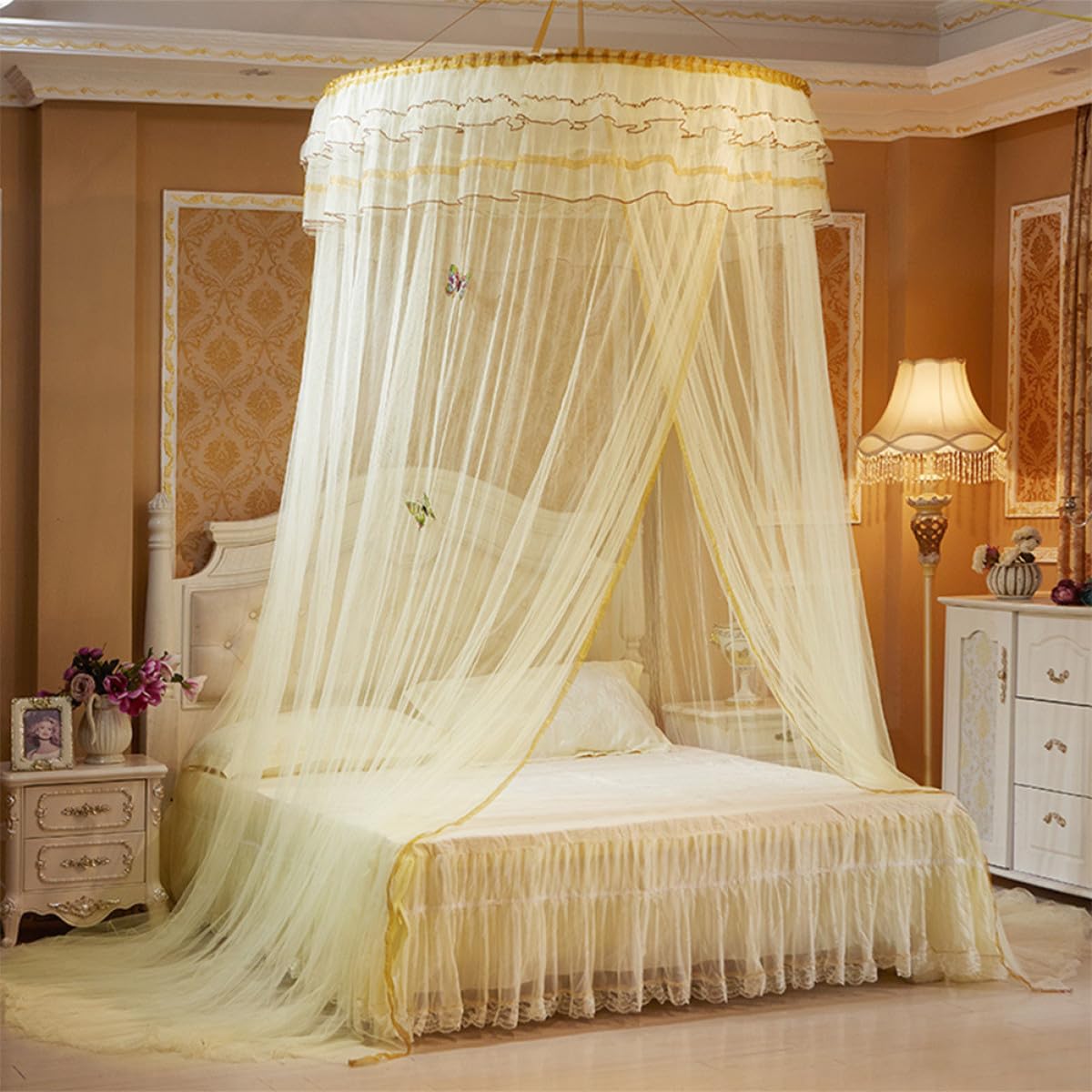 TEHAUX Zanzariera da Letto a Cupola in Pizzo Beige 1 Pezzo