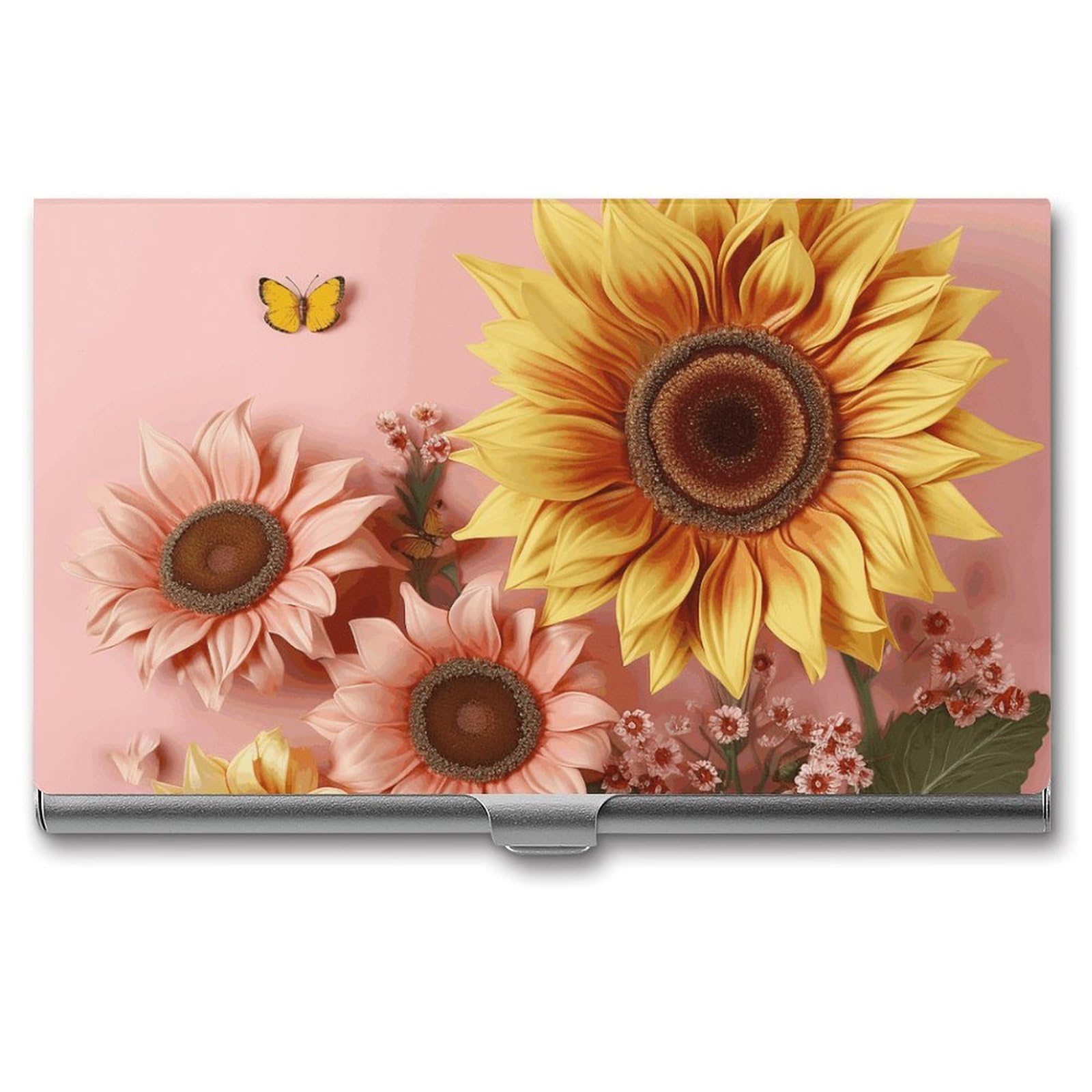 BTCOWZRV Big Sunflower Business Card Holder Metal Slim Business Card Case, Pocket Card Holder for Men Women Purse Name Card Holder Stainless Steel Wallet Credit ID Case for Office