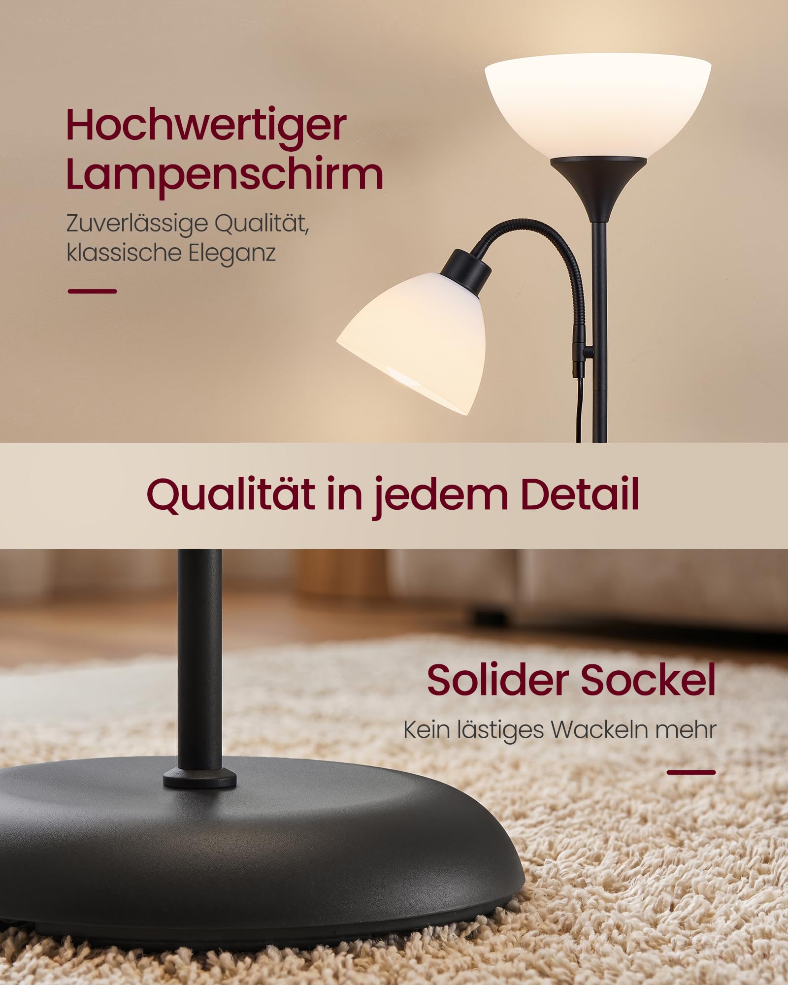 VASAGLE Deckenfluter mit Leselampe, Stehlampe 176 cm Standleuchte für E27 LED-Leuchtmittel geeignet mit verstellbarem Lesearm, Stehleuchte für Wohnzimmer, schlafzimmer, Büro, Mattschwarz, LFL019B102