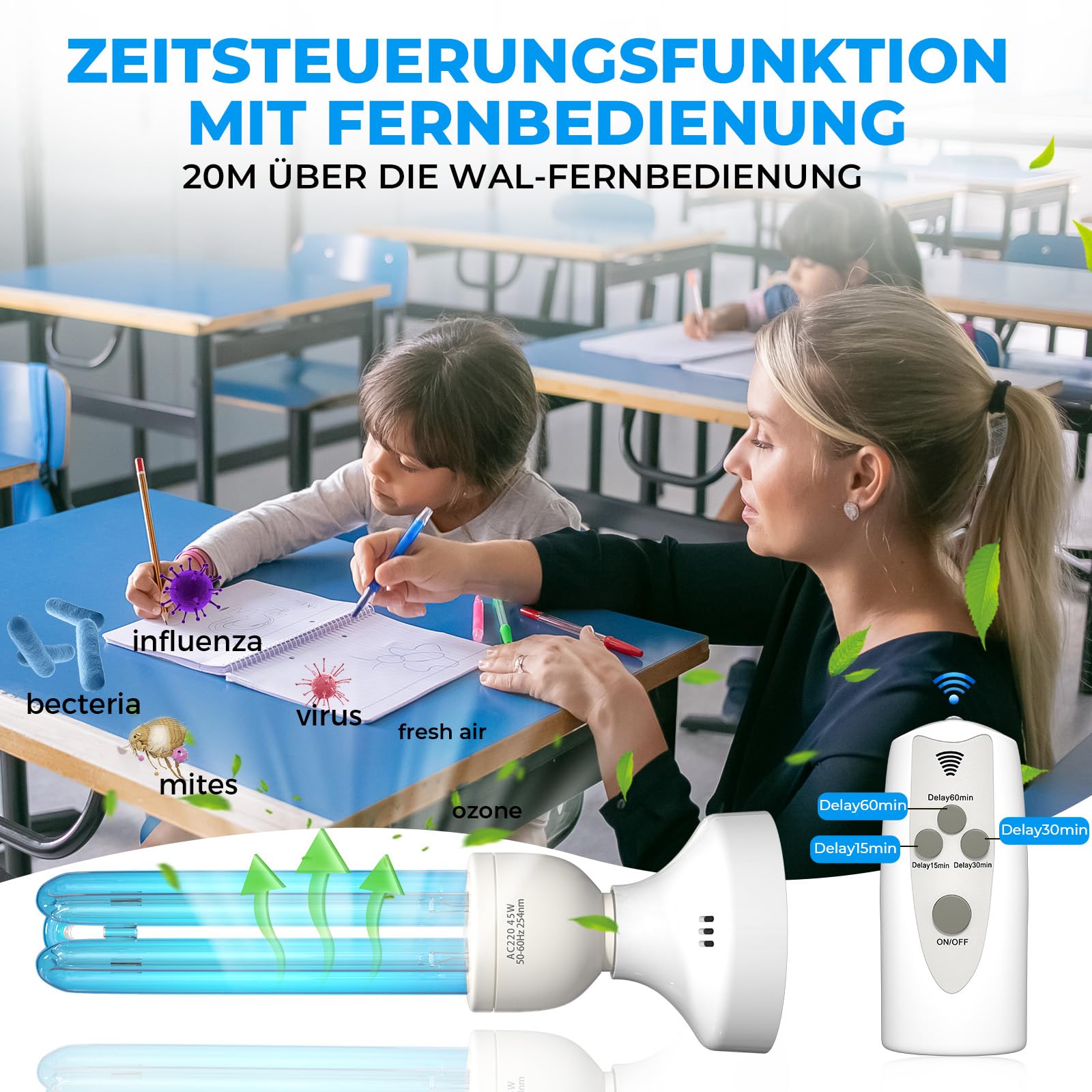 45W Ozon-Desinfektionslampe, E27 UV-Lampe, Keimtötende Lampe mit Ozon-Licht, mit Fernbedienung und Zeitschaltuhr, 45 Watt, UV mit Ozonproduktion