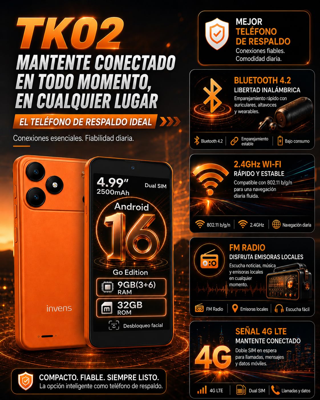 invens TK02 Telefonos Moviles Libres, 9(3+6) GB+32GB/128GB TF Teléfono Móvil, Android 16, 5'' HD+, 8MP+5MP Móvil, 2500mAh, Smartphone Triple 4G SIM GPS/OTG/3.5mm Jack Negro