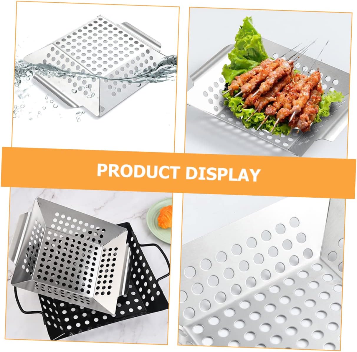 Happyyami 3pcs BBQ Drain Pan Stainless Steel Tray Outdoor BBQ Food Serving Tray Fish Grill Basket Professional Rib Rack Camping BBQ Pan Double Handle Grill Tray Wear-Resistant Grill Topper
