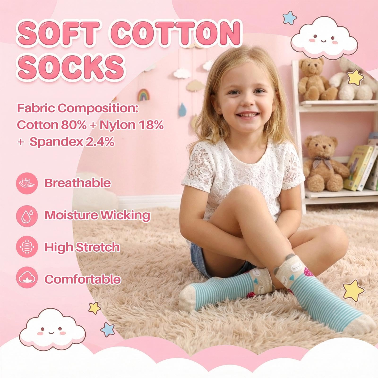 Hellomamma Calcetines antideslizantes de algodón para niños pequeños, calcetines de animales lindos con agarres antideslizantes para niños y niñas