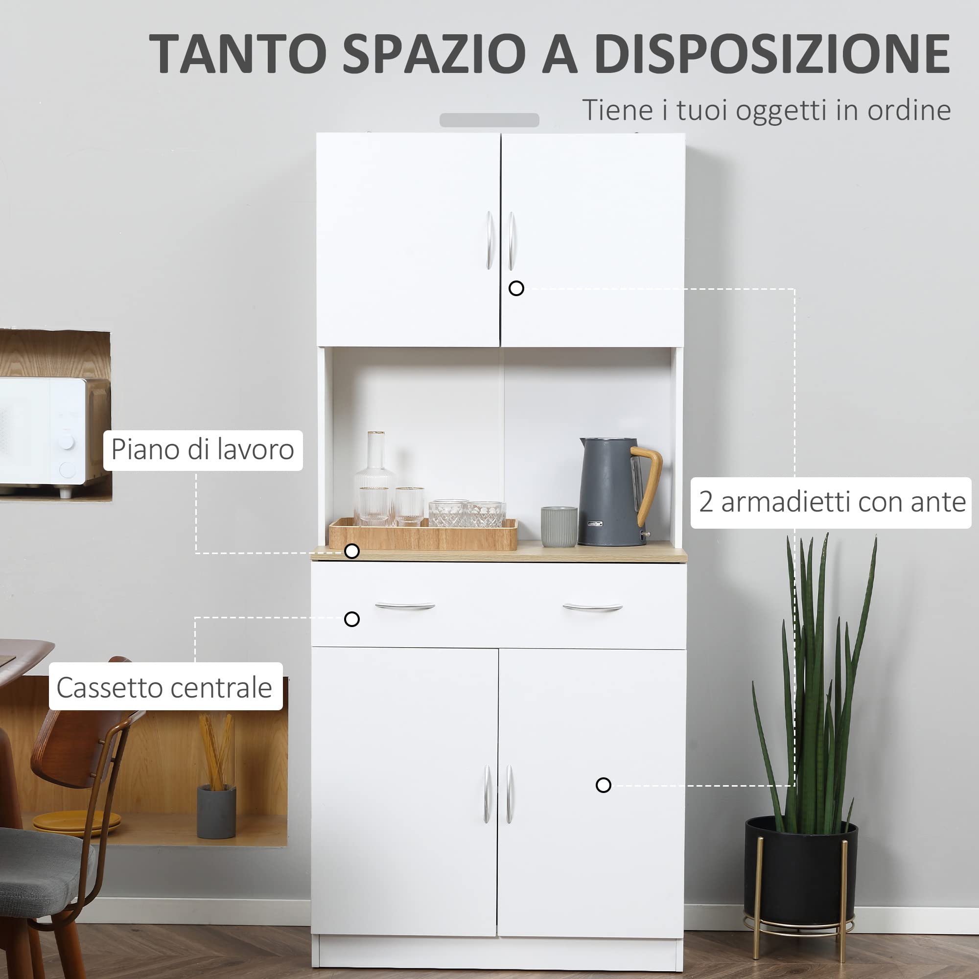 HOMCOM Mobile Cucina Alto 180cm con Armadietti a 2 Ante e Cassetto, Credenza Alta da Cucina in Legno con Ripiani Regolabili, per Cucina, Sala da Pranzo e Soggiorno, 80x40x180 cm, Bianco