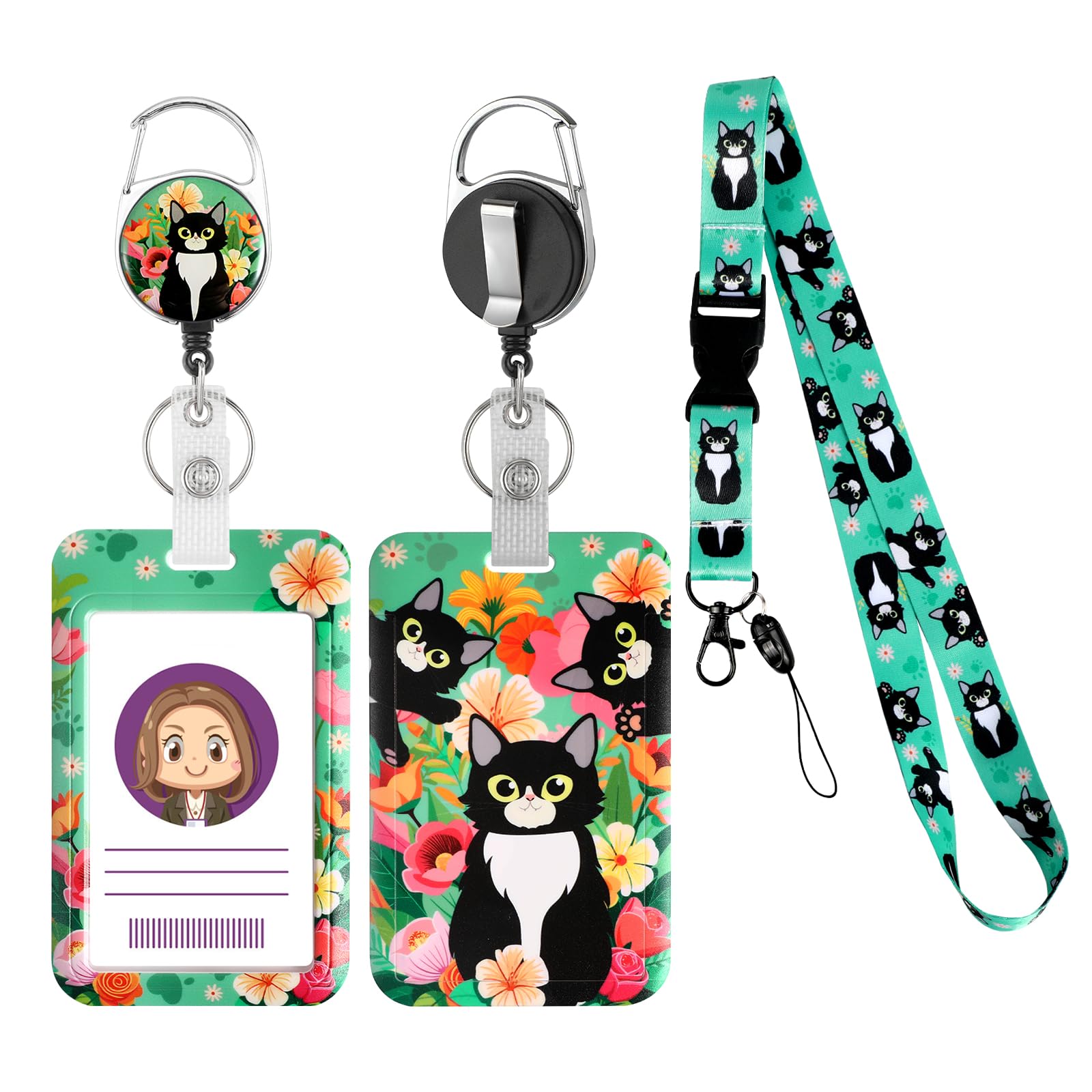 Lanyard with Card Holder, Retractable Badge Reel with Belt Clip for Id Badge Holder Keys Cute Black Cat Neck Key Lanyard Detachable for Kids Women Nurses Teacher Student School Supplies — image 1