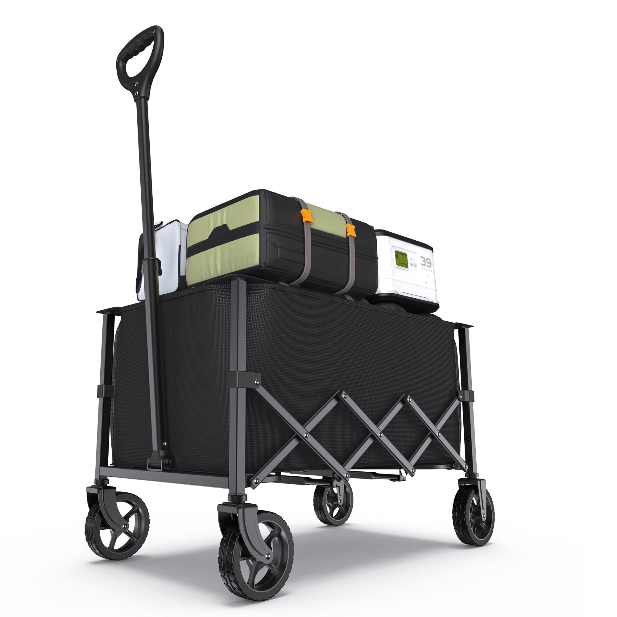 RYGEO 100L Festival Trolley on Wheels, Folding Wagon, Portable Camping Cart, Collapsible Foldable Trolly for Beach Outdoor Garden Picnic Shopping Fishing, Adjustable Handle, Black