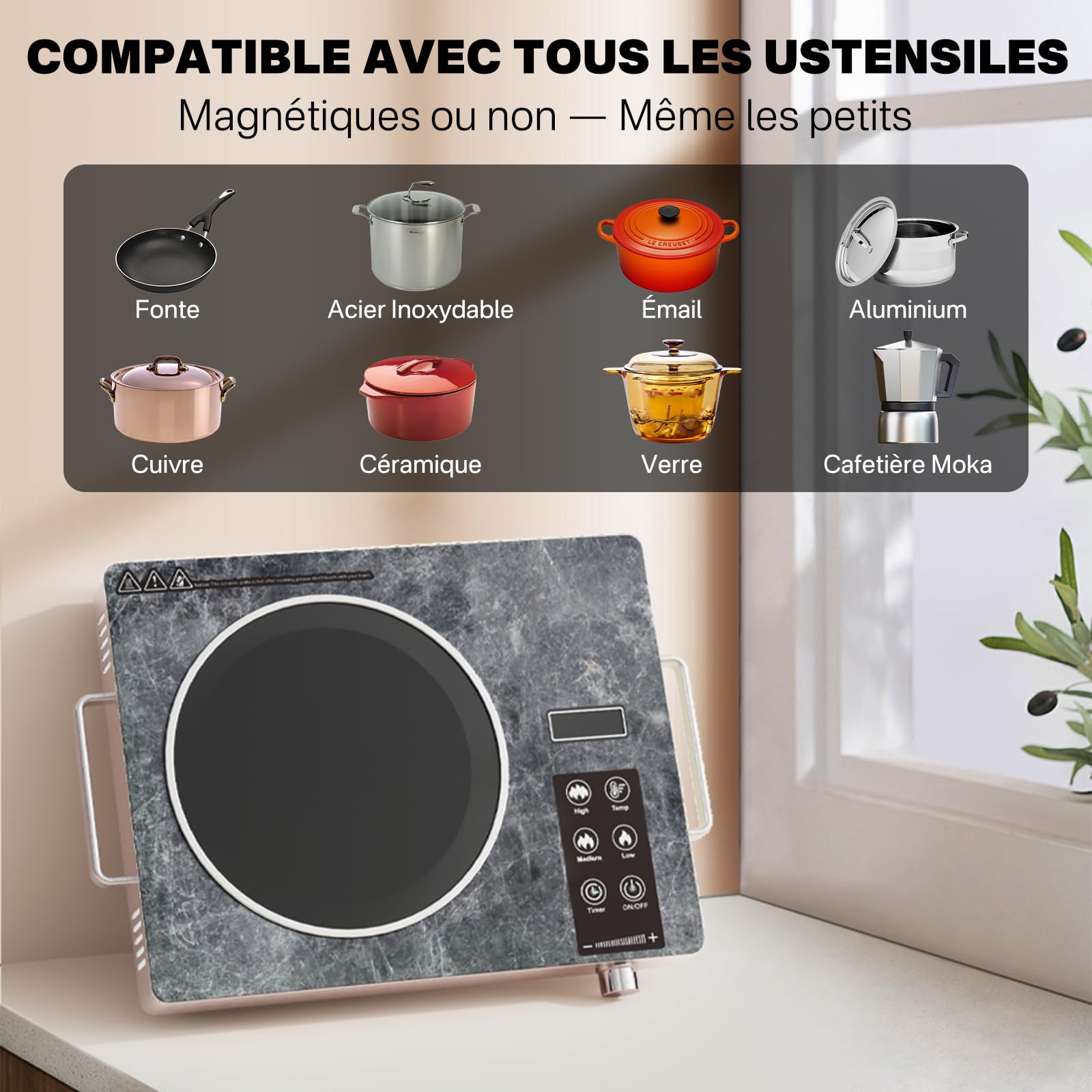 Plaque de Cuisson Électrique 1 Feu, Plaque Vitrocéramique Infrarouge Portable avec Commande Tactile et Bouton Rotatif, Réglage de Température pour Cuisine & Camping, Single-Marble