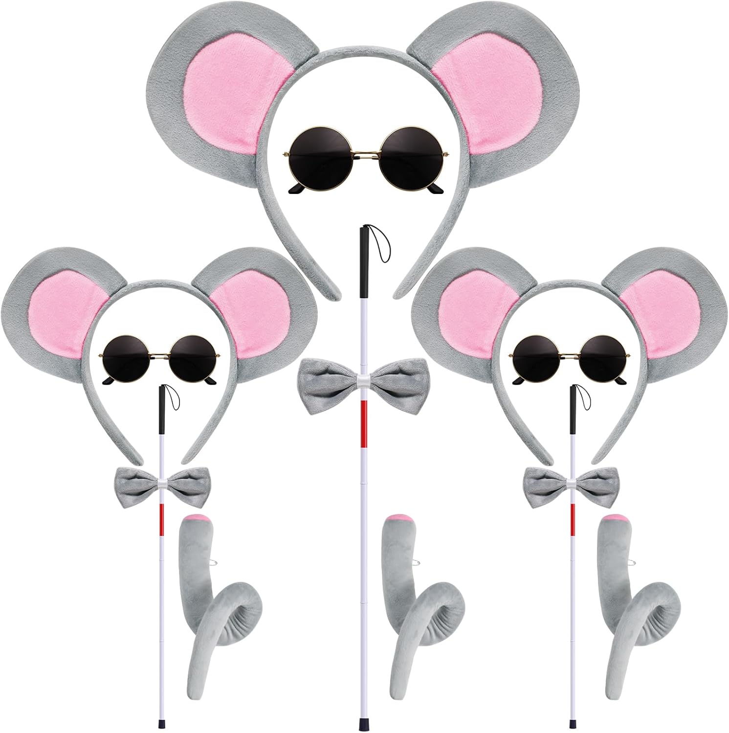 Mouse Costume Ears-Headband-Tail-Bow-Tie Accessories Set : 3 Pcs Standing Up Grey and Pink Ears Headband and Tail, Bow Tie Blind Cane Mouse Halloween Accessories Set - for Toddlers and Kids(Three Pcs)