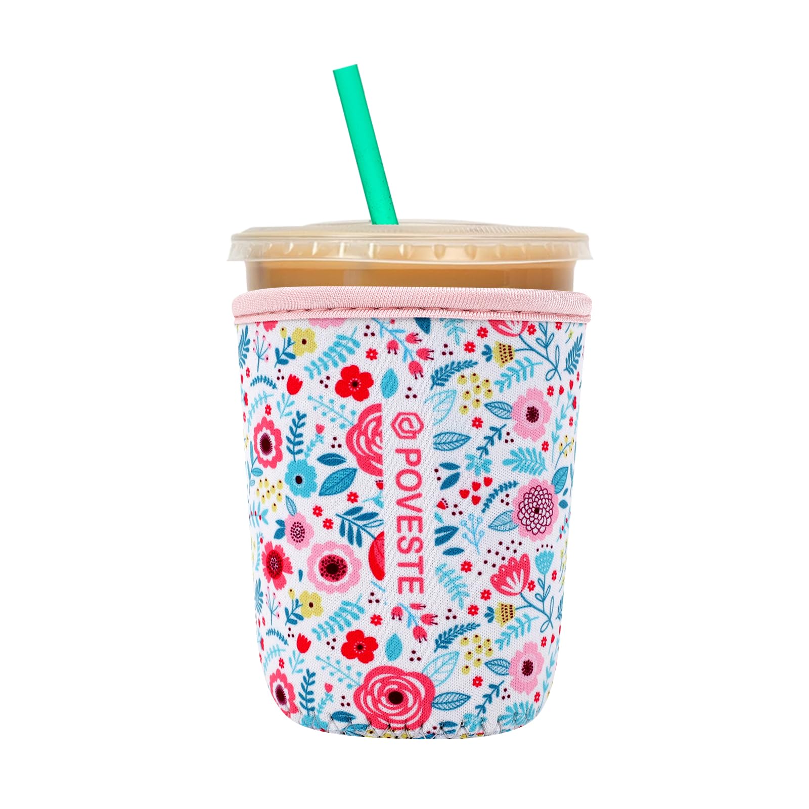 Reusable Neoprene Insulator Sleeve for Iced Coffee &amp; Cold Soda, Coffee Sleeves for Iced &amp; Hot Drinks, Cold Beverage Cooler Compatible with Starbucks, Dunkin (White Flower Garden, Small: 16-18oz)