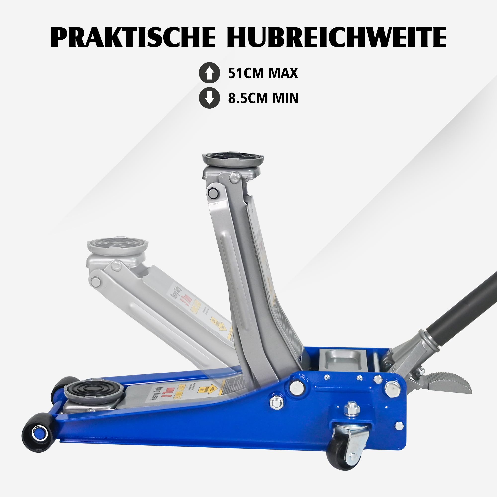 Cric idraulico a carrello 3T, con doppia pompa, altezza di sollevamento 75-505 mm, ruote a 360°, blu/argento, per auto e SUV