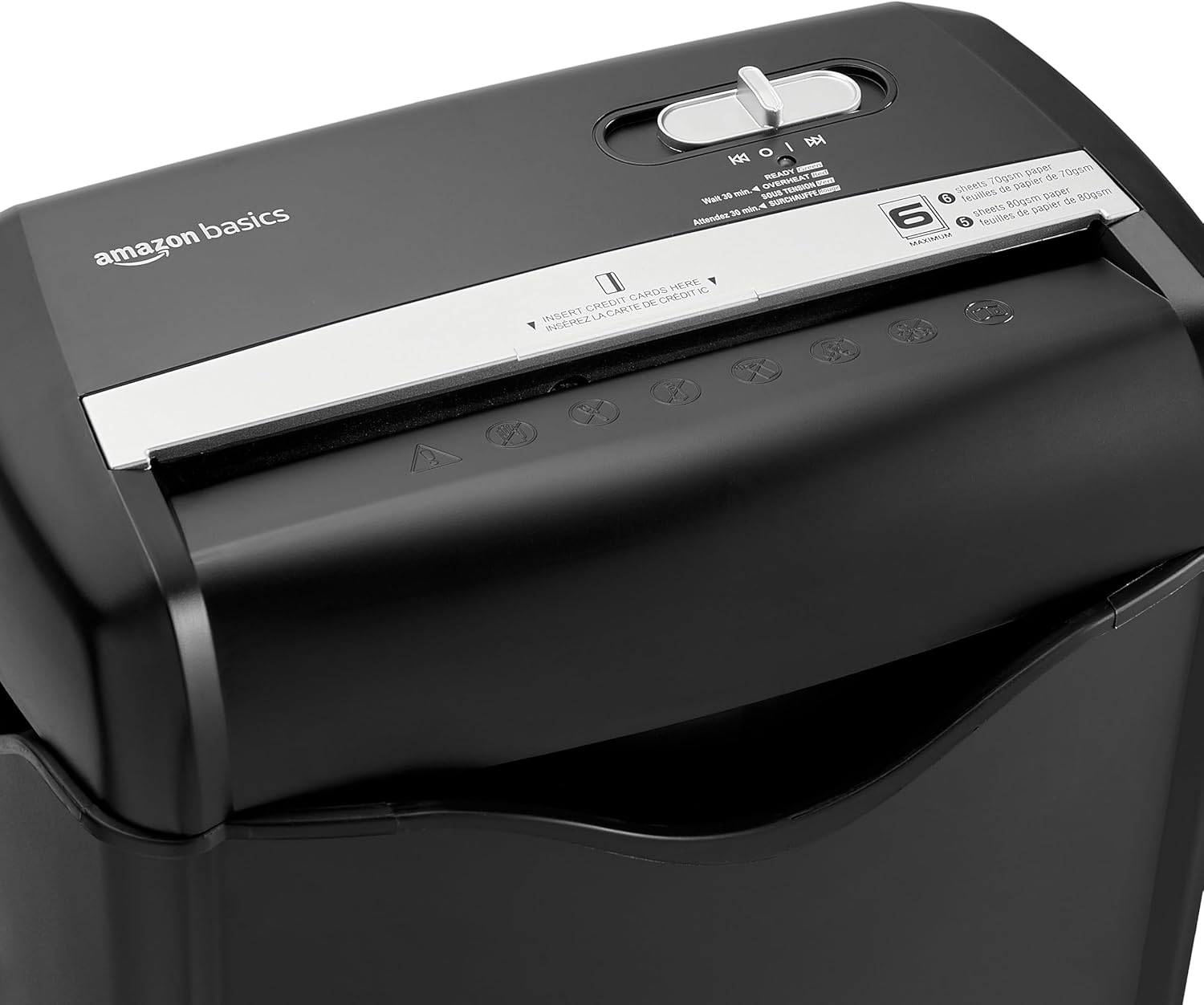 Pamwamba view of Amazon Basics AS665C paper shredder showing paper entry slot and controls