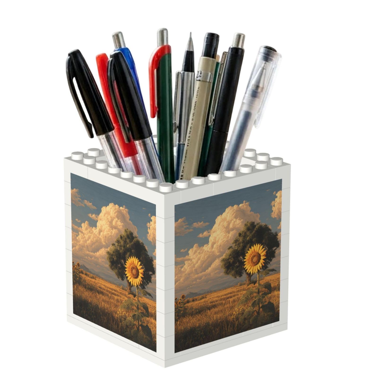 ESNAIUVCD Sunflower Scenery Print Building Block Pen Holder - Pencil Holder For Desk/Classroom,Desk Accessories, Multifunctional Office Supplies Pen Organizer Pencil Cups(2pcs)