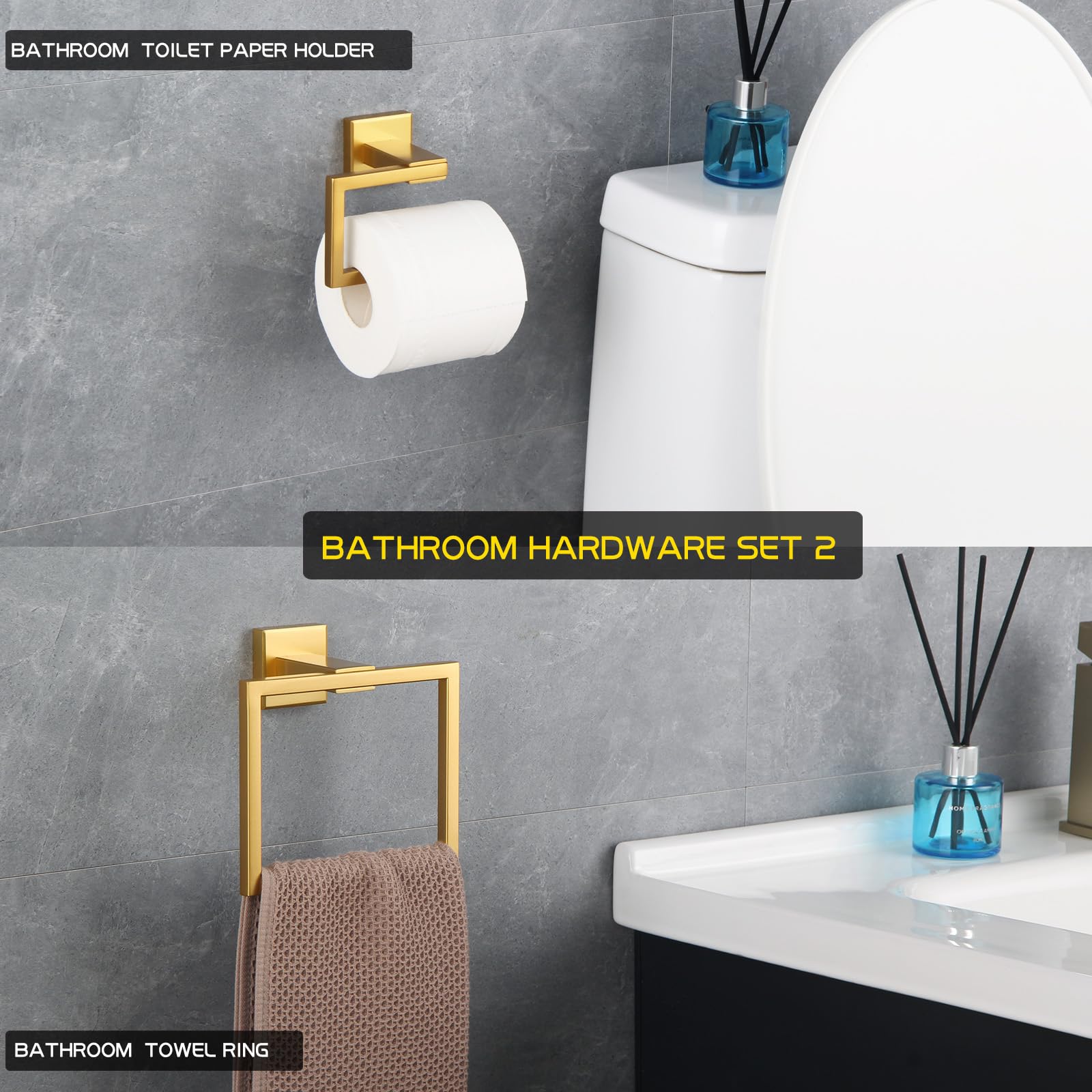 GERZWY Bathroom Hardware Set 2 Piece Towel Ring and Toilet Paper Holder SUS 304 Stainless Steel Wall Mounted Gold Finished JG1956-2BE