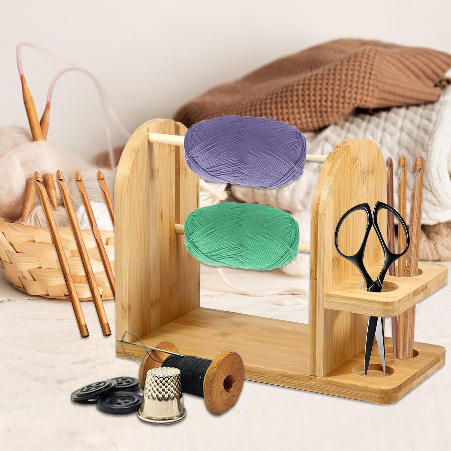 MeetYr Life Yarn Holder for Crocheting, Double Rotating Portable Handmade Wooden Yarn Ball Dispenser for Knitting Crochet Accessories | Ideal Crochet Gifts (XXL)