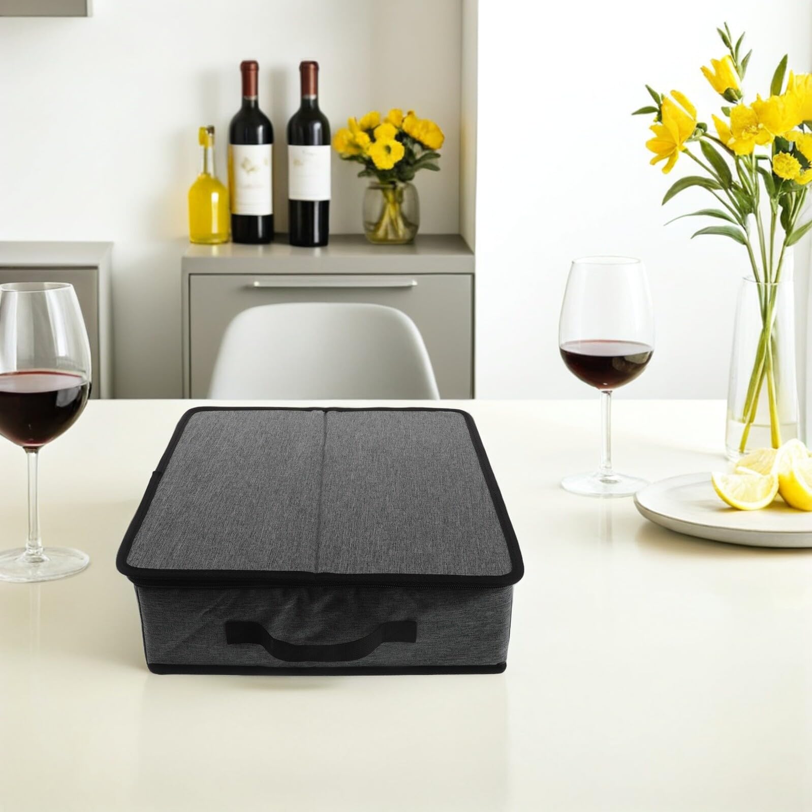 Caja de Almacenamiento para Tazas con Divisores y Tapa con Cremallera | Capacidad para 9 Tazas, Asas Laterales para Mover y Guardar, Poliéster con Acceso Fácil