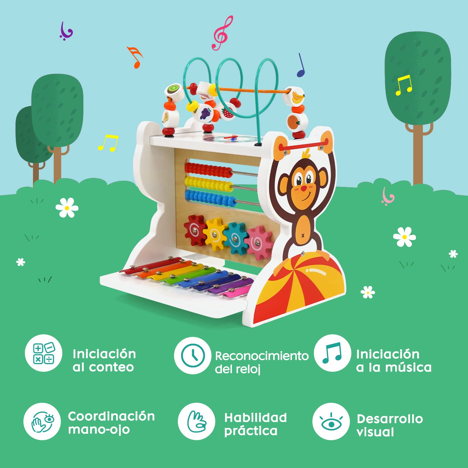 Juguete Cubo de Actividades de Madera para Bebés 5 en 1:Juguete Xilófono, Ábaco, Laberinto de Perlas, Engranajes, Reloj: Instrumento Musical para Niños de 1 a 5 Años