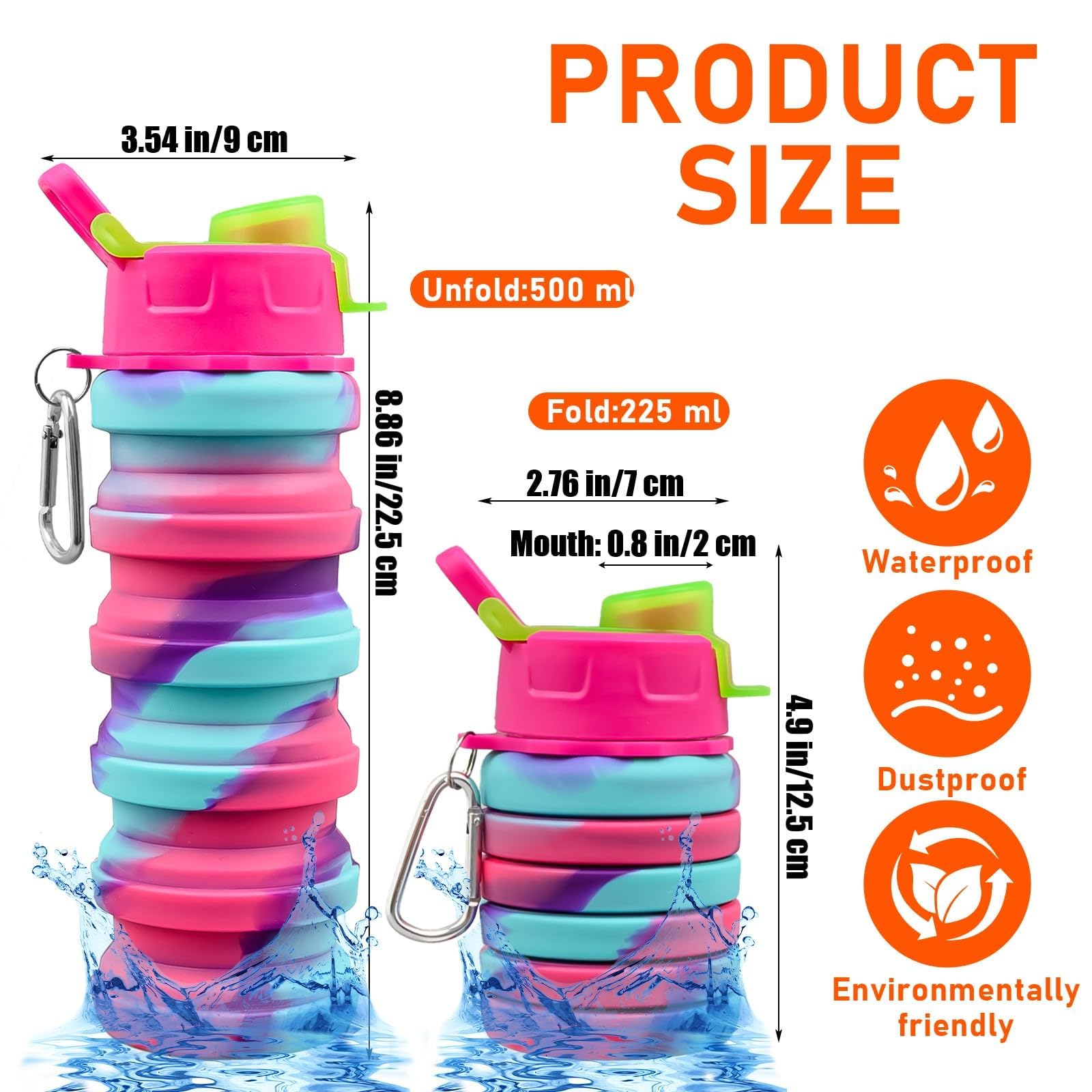 Faltbare Wasserflaschen, Silikon, faltbar, mit Karabiner, tragbar, auslaufsicher, BPA-frei, zum Anklippen, wiederverwendbar, Reiseflasche für Camping, Wandern, Radfahren, Outdoor-Sport, 12 Stück